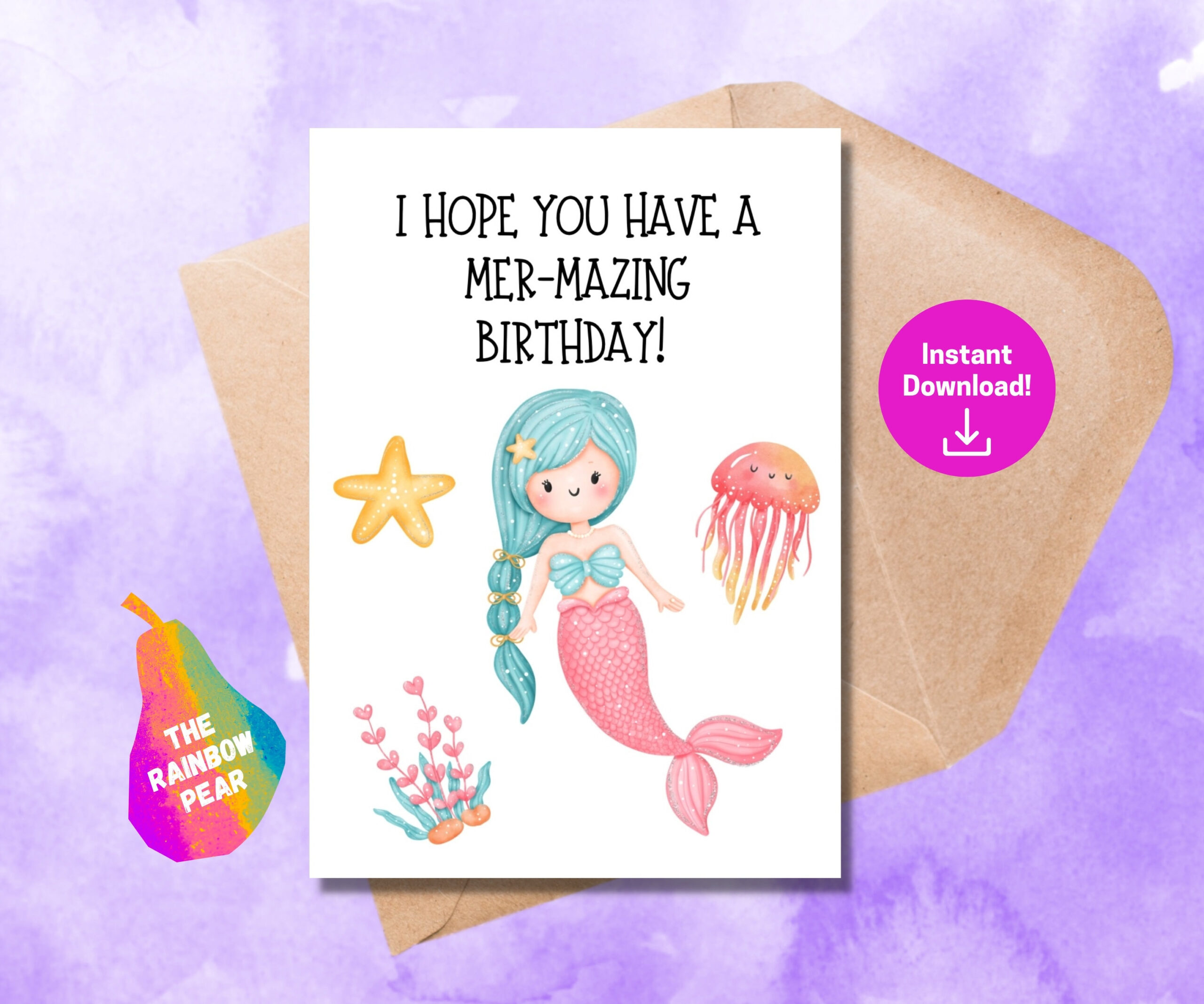 Printable Birthday Card, Mermaid Birthday Card, Digital Download in Printable Mermaid Birthday Card