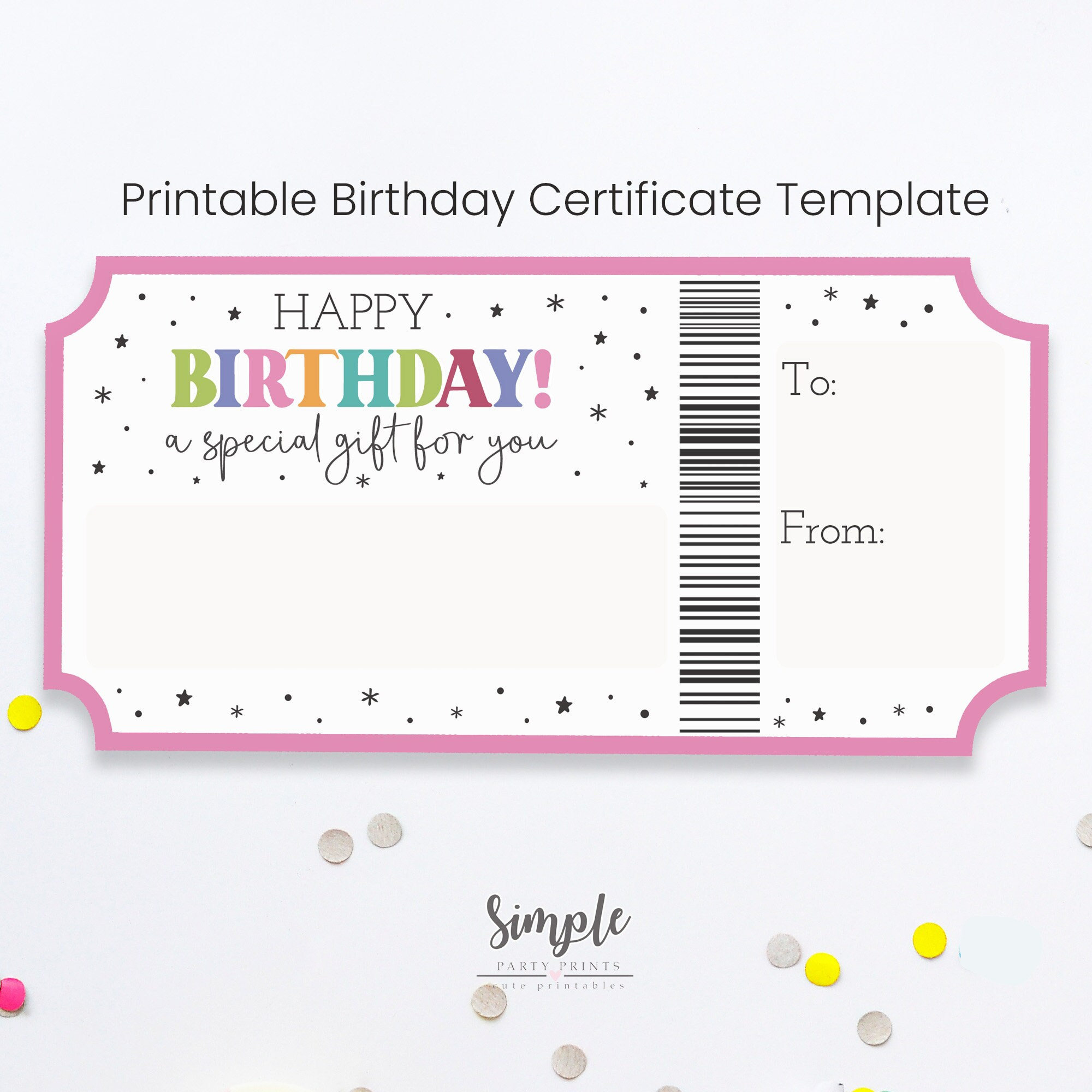 Printable Birthday Certificate Template, Delayed Birthday Gifts, Birthday Voucher, Colorful Birthday Concert Tickets, Diy, Print From Home with Printable Birthday Gift Card Template