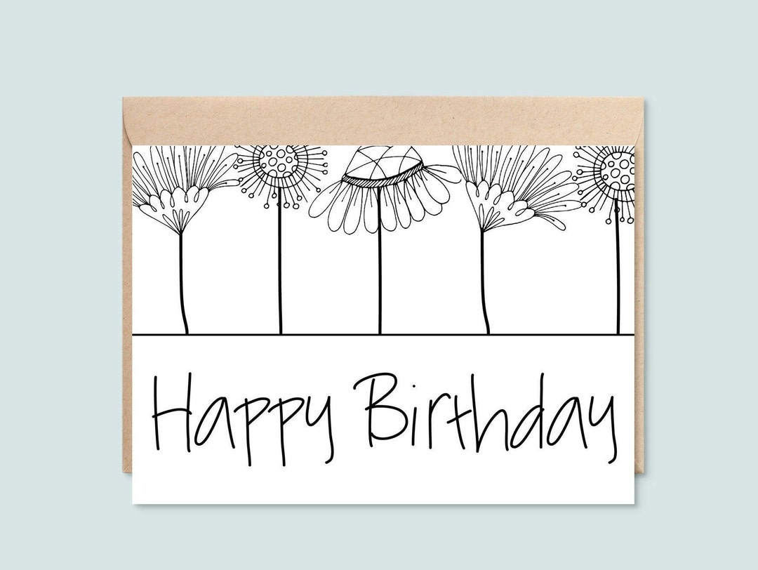 Printable Happy Birthday Card, Black And White Floral Line Art for Black and White Printable Birthday Cards