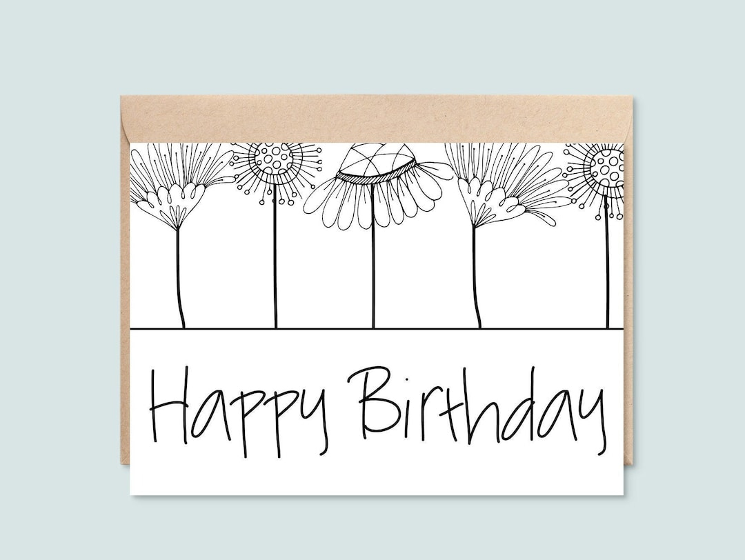 Printable Happy Birthday Card, Black And White Floral Line Art pertaining to Happy Birthday Card Printable Black And White