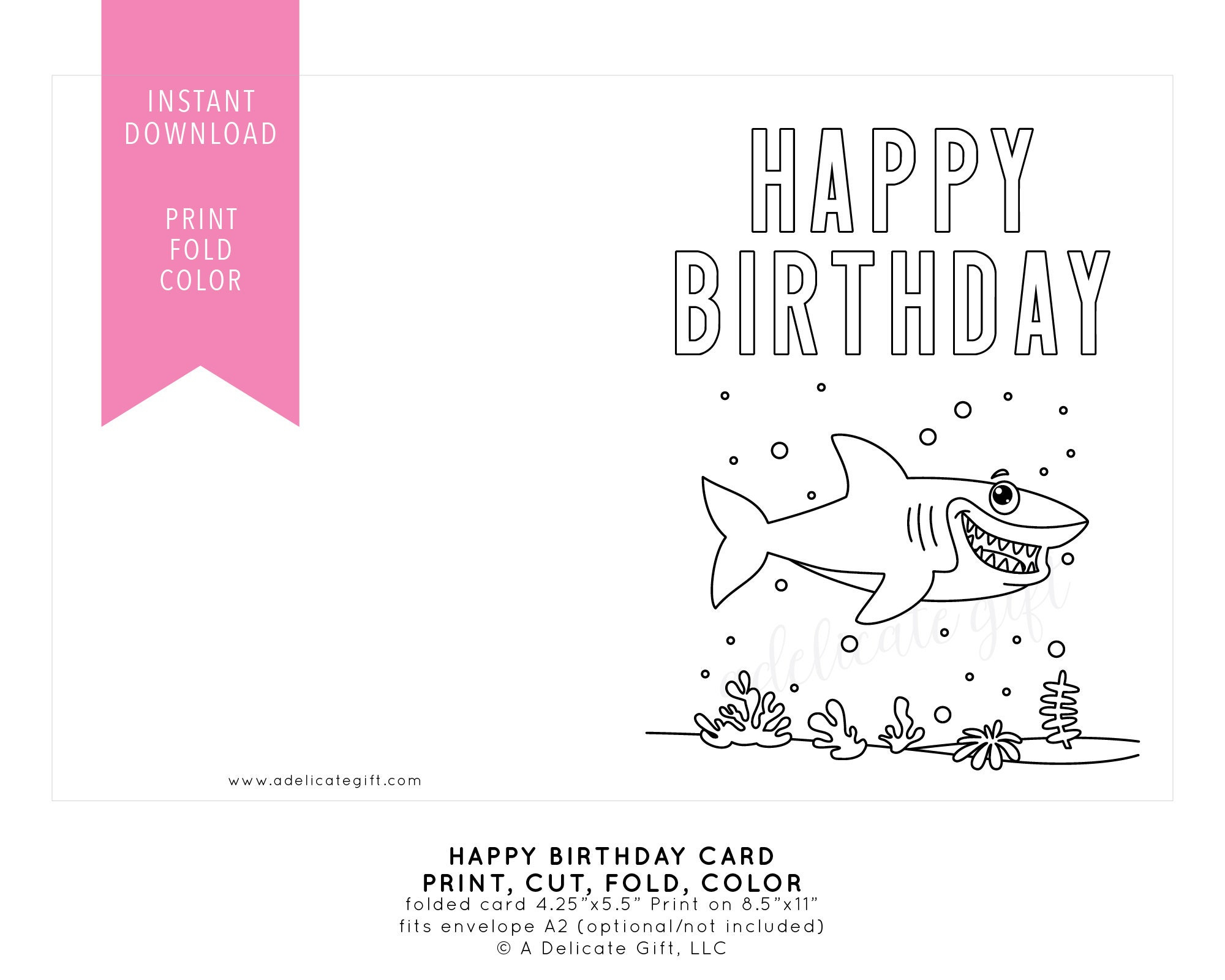 Printable Happy Birthday Card Shark Instant Download, Diy Coloring for Shark Birthday Card Printable Free