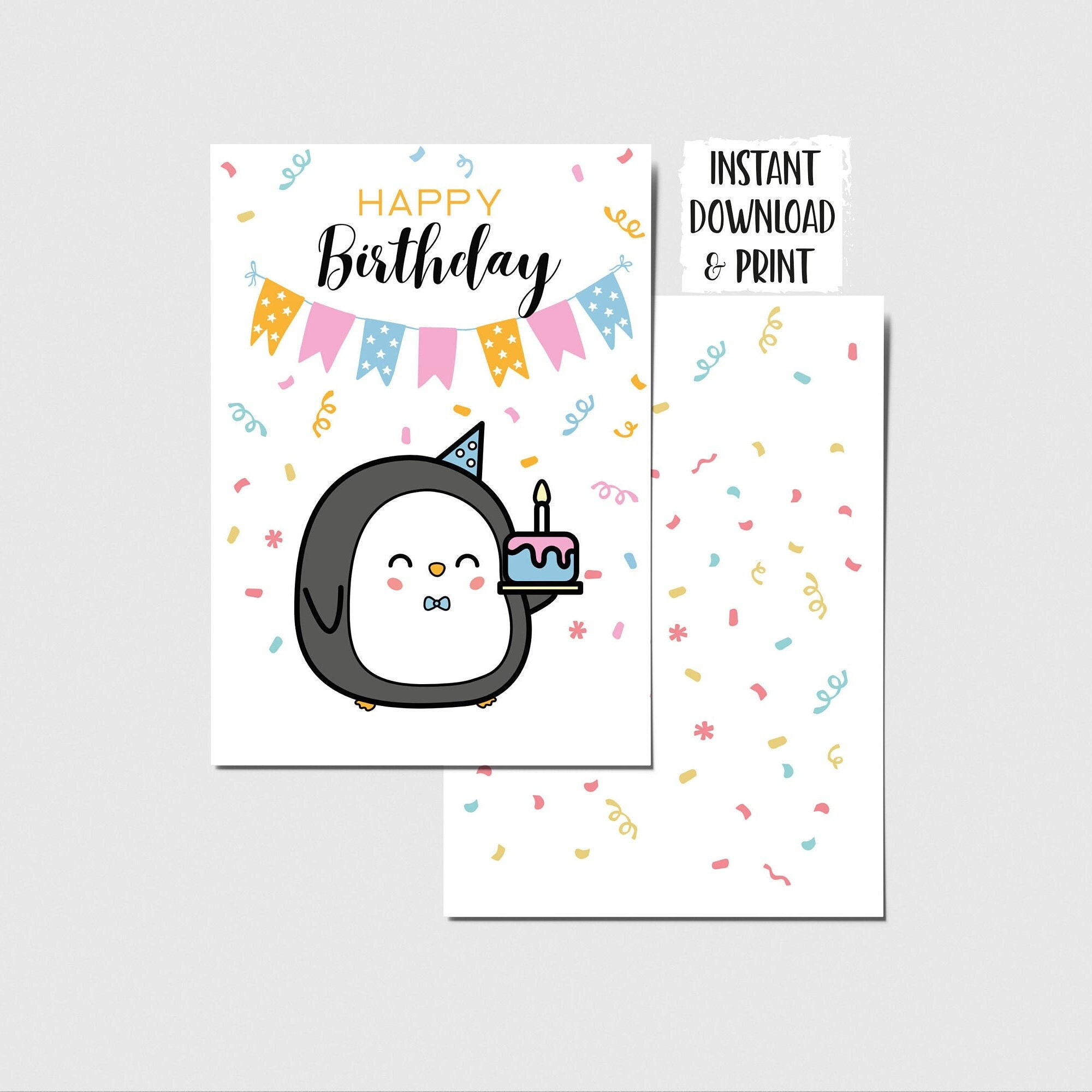 Printable Happy Birthday Card With Penguin. Card Template. Digital for Penguin Birthday Card Printable