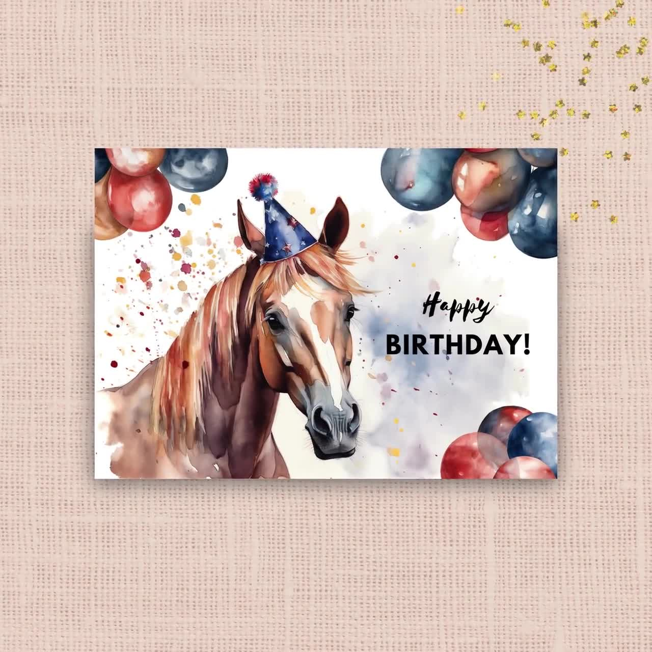 Printable Horse Birthday Card, Instant Download, Print At Home Card, Horse Gift, Farm Stable Animal Birthday Greeting Card, Watercolor Art in Horse Birthday Card Printable