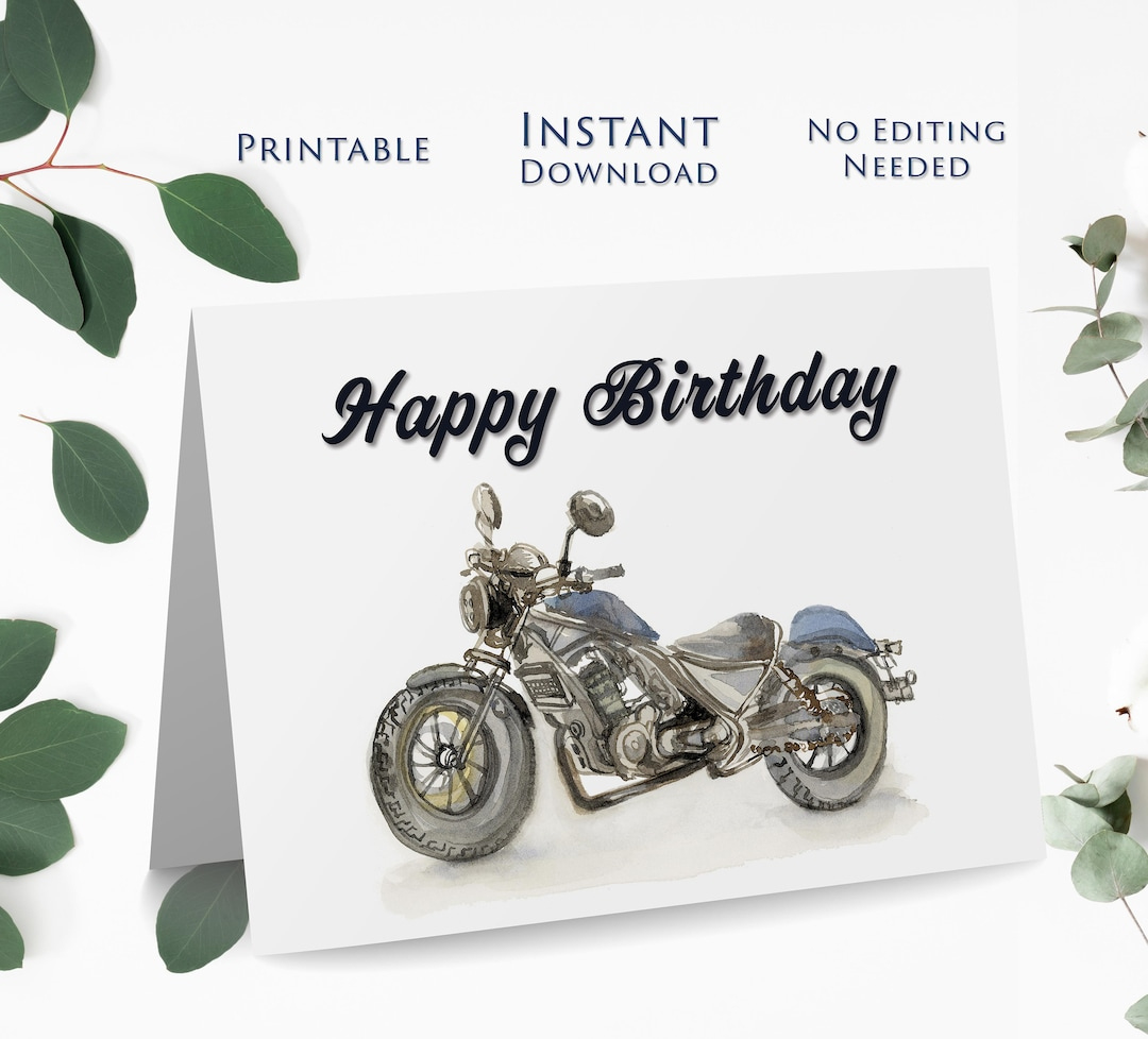 Printable Motorcycle Happy Birthday Card, Instant Download for Free Printable Harley Davidson Birthday Cards