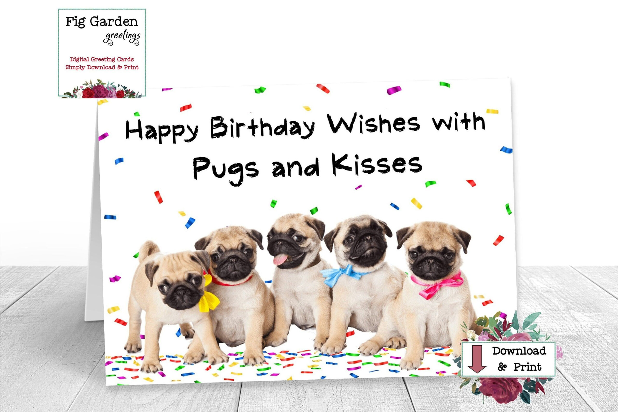 Pug Birthday Card With Pugs And Kisses, Printable Birthday Card with Free Printable Pug Birthday Cards