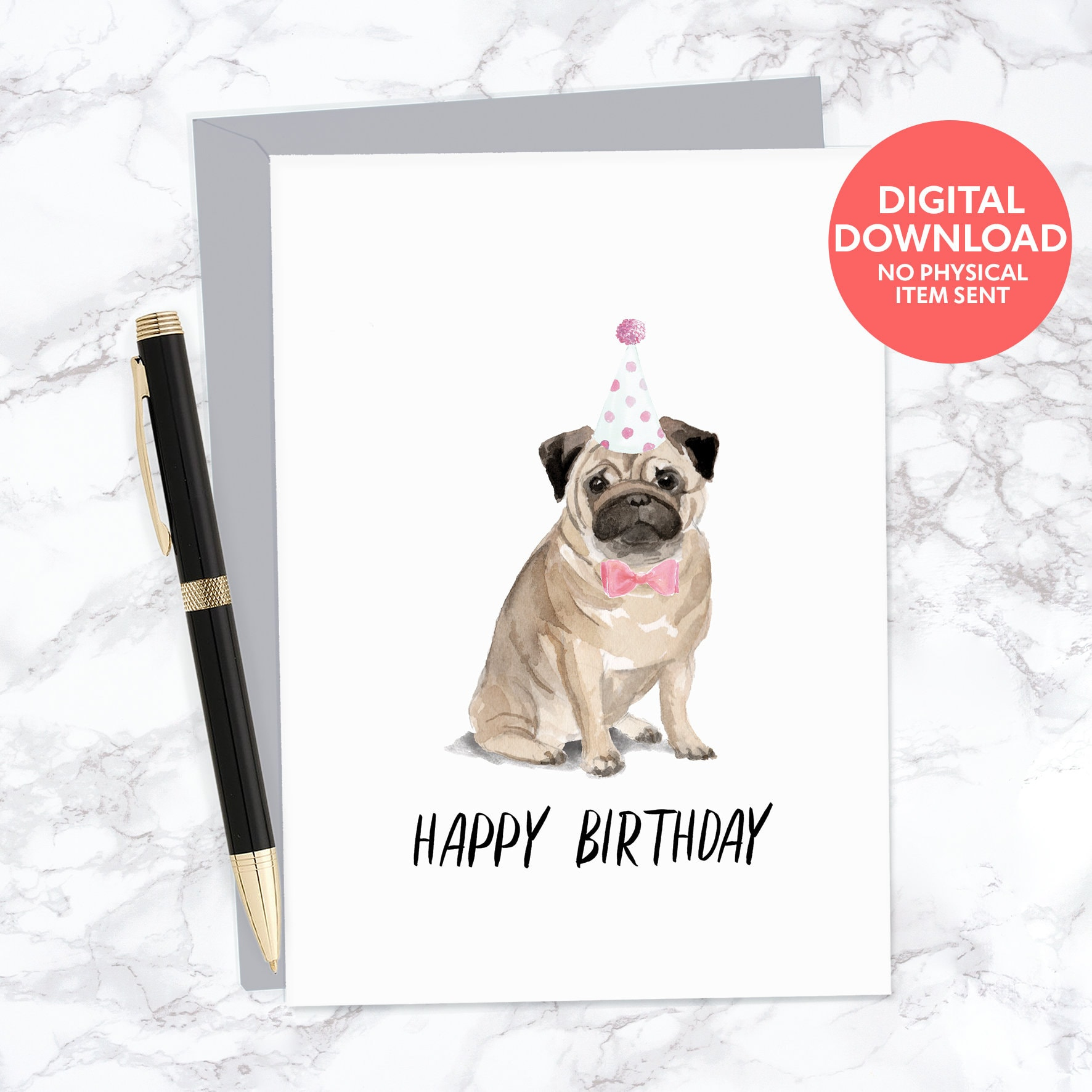 Pug Dog Printable Blank Happy Birthday Greeting Card For Dog Lover for Free Printable Pug Birthday Cards