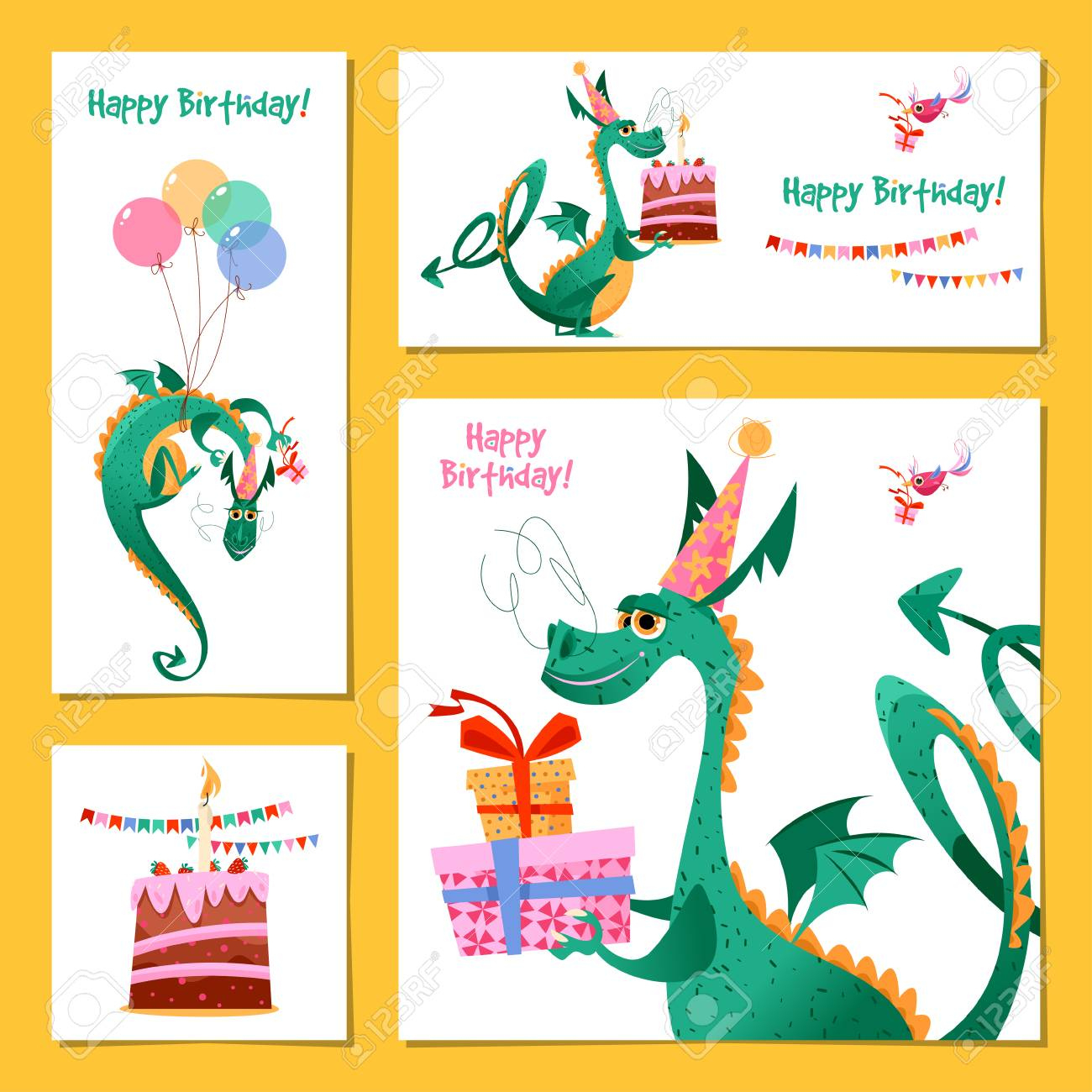 Set Of 4 Universal Cards With Dragon. Template. Happy Birthday throughout Free Printable Dragon Birthday Card