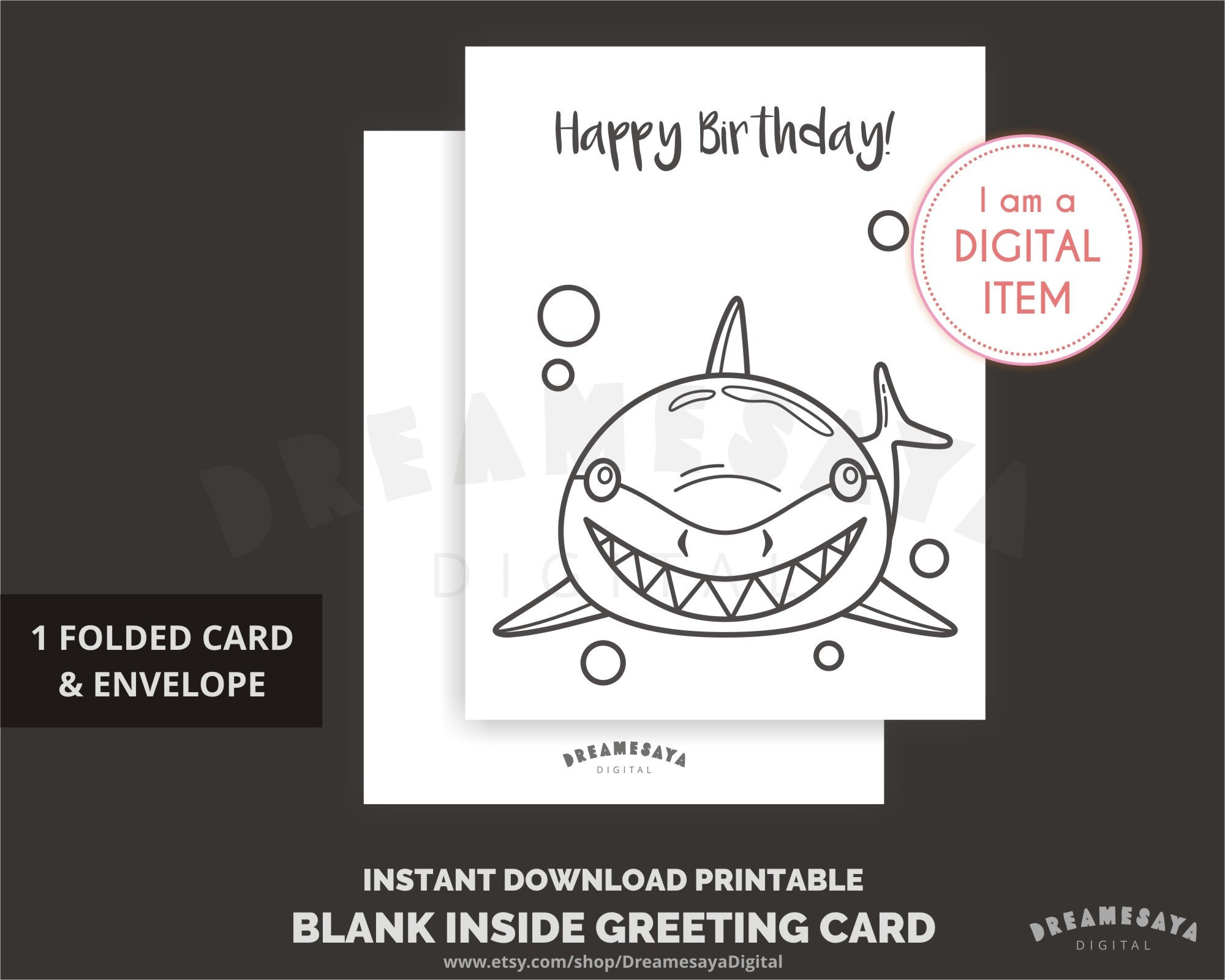 Shark Coloring Birthday Card, Printable Kids Bday Card Illustrated With Black And White Shark Outlines To Color, Jpg Download pertaining to Shark Birthday Card Printable