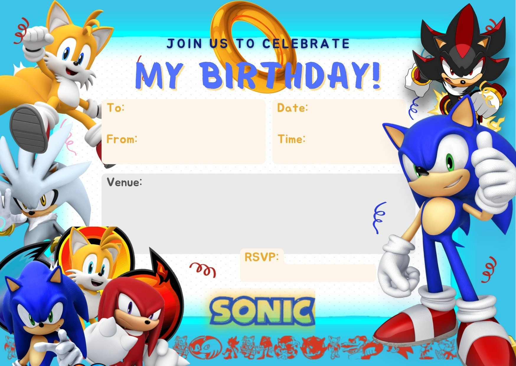 Sonic The Hedgehog Themed Printable Birthday Party Invitation Free for Printable Sonic Birthday Card