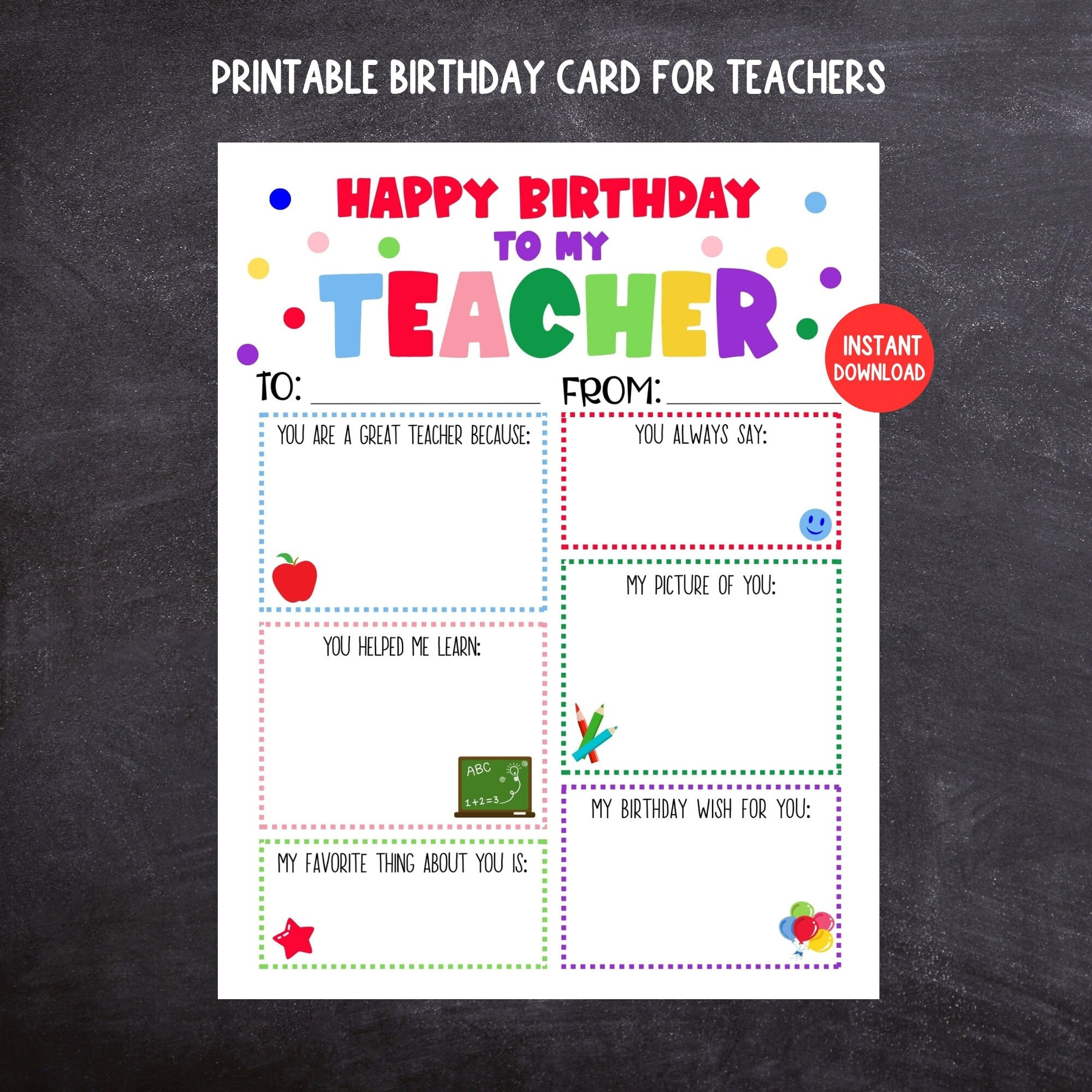 Teacher Birthday Card, Printable Kids Birthday Card For Teachers for Birthday Cards For Teachers Printable Free