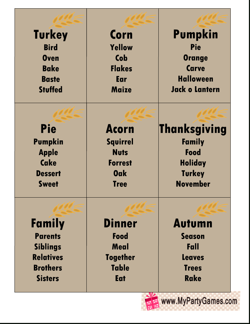 14 Free Printable Thanksgiving Taboo Inspired Game Cards pertaining to Free Printable Thanksgiving Taboo Cards