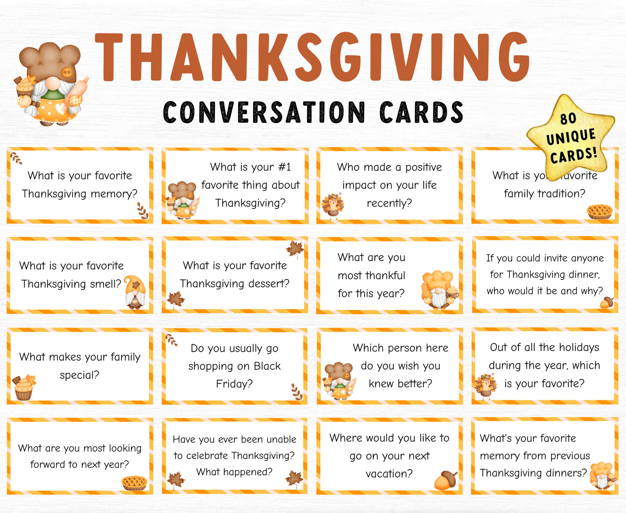 90 Thanksgiving Conversation Cards, Family Friendly Conversation in Thanksgiving Dinner Conversation Cards