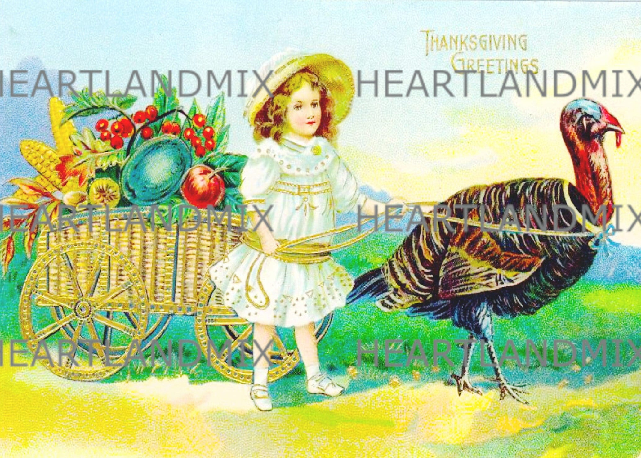 Antique Vintage Thanksgiving Turkey With Farm Cart Digital within Antique Thanksgiving Cards