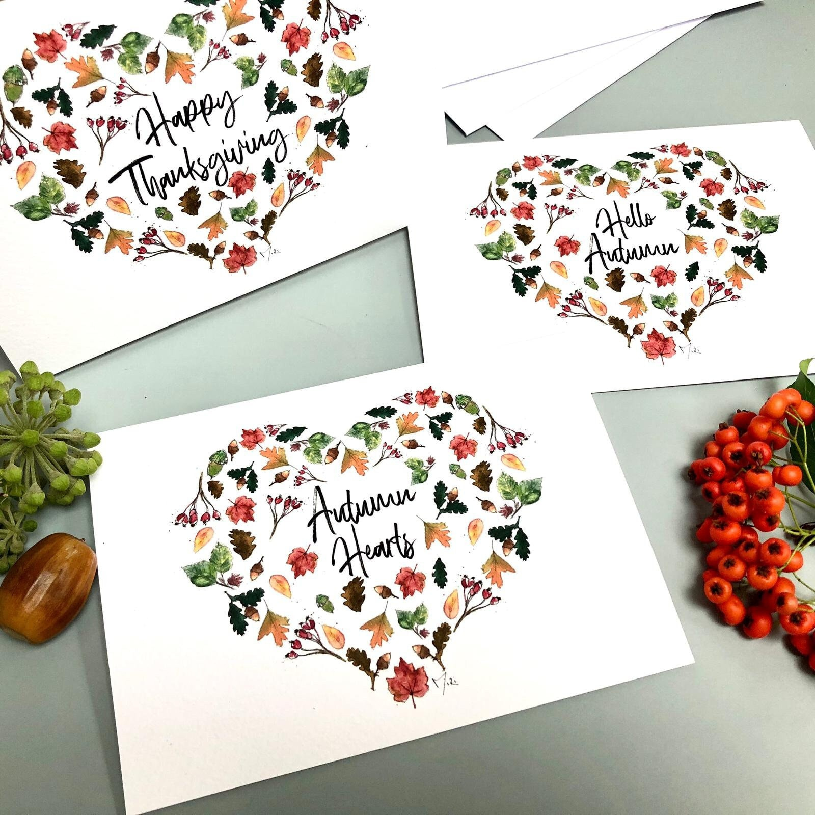 Autumn Heart Leaves Greetings Card Thanksgiving Watercolour Design intended for Thanksgiving Christmas Cards