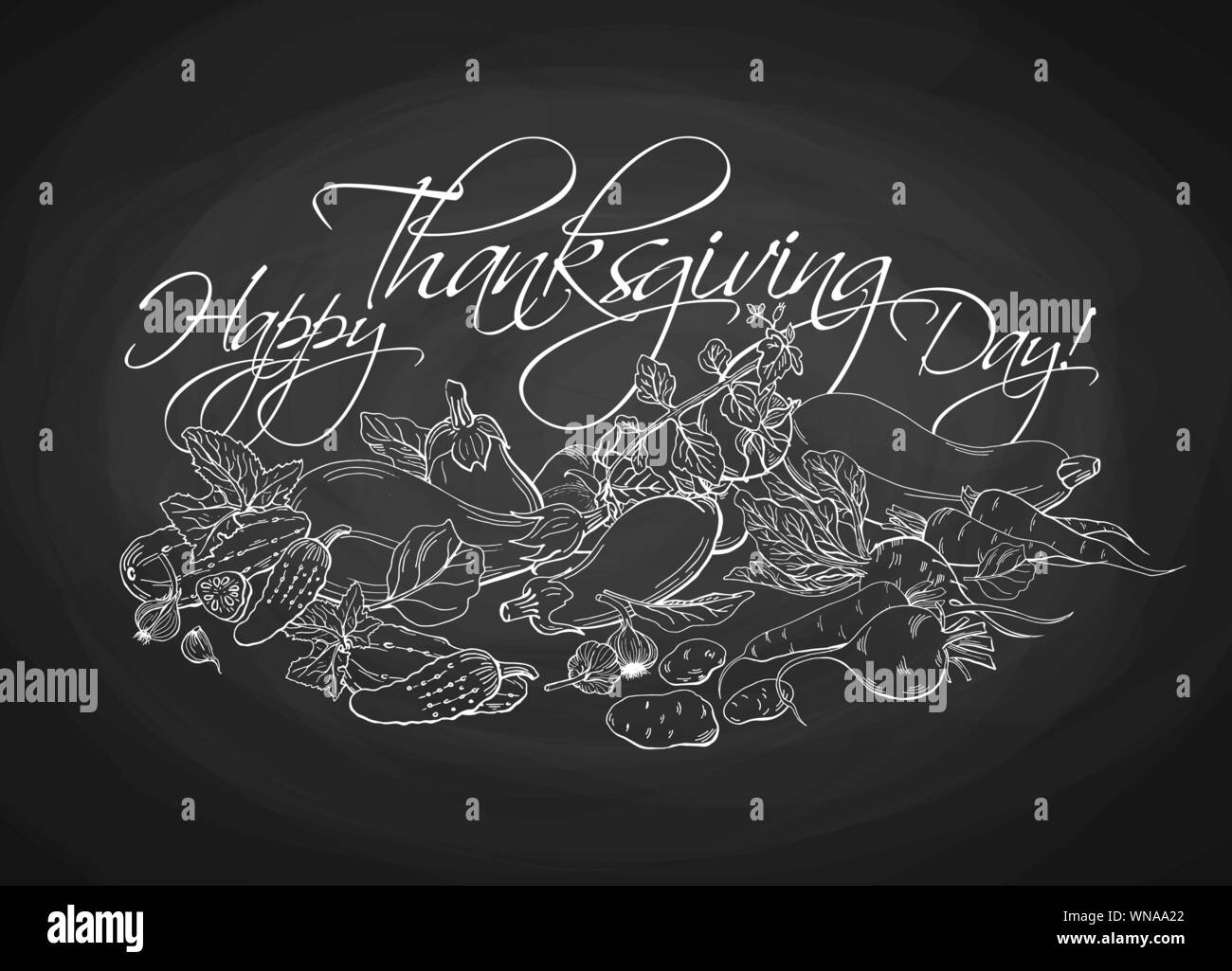 Black Chalk Board With White Sketch Of Vegetables. Happy with Black Thanksgiving Cards