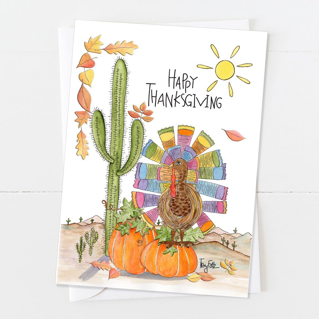 Cactus Whimsical Turkey | Thanksgiving Card - Zinnia Sky Studio throughout Thanksgiving Cards Art