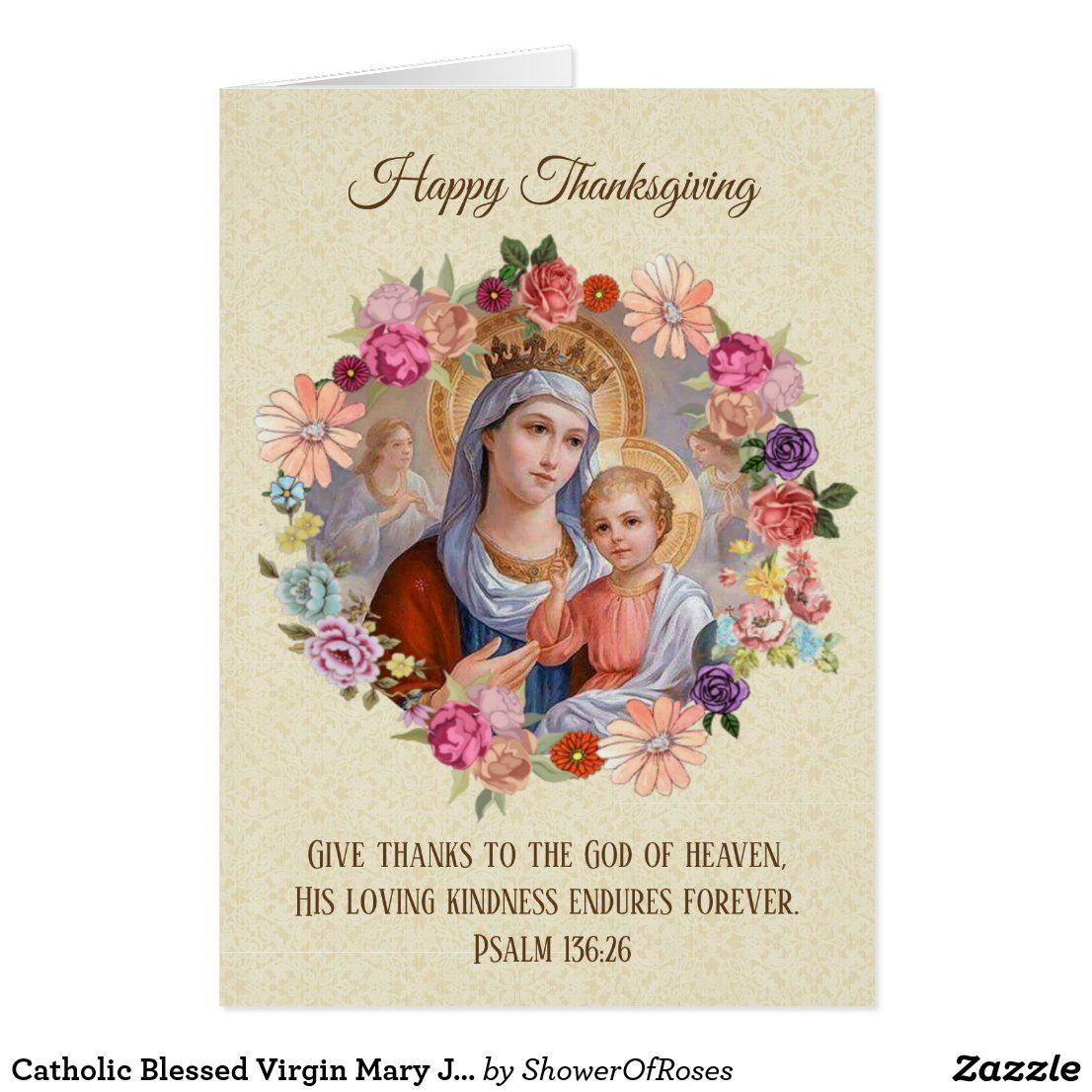 Catholic Blessed Virgin Mary Jesus Floral intended for Catholic Thanksgiving Cards