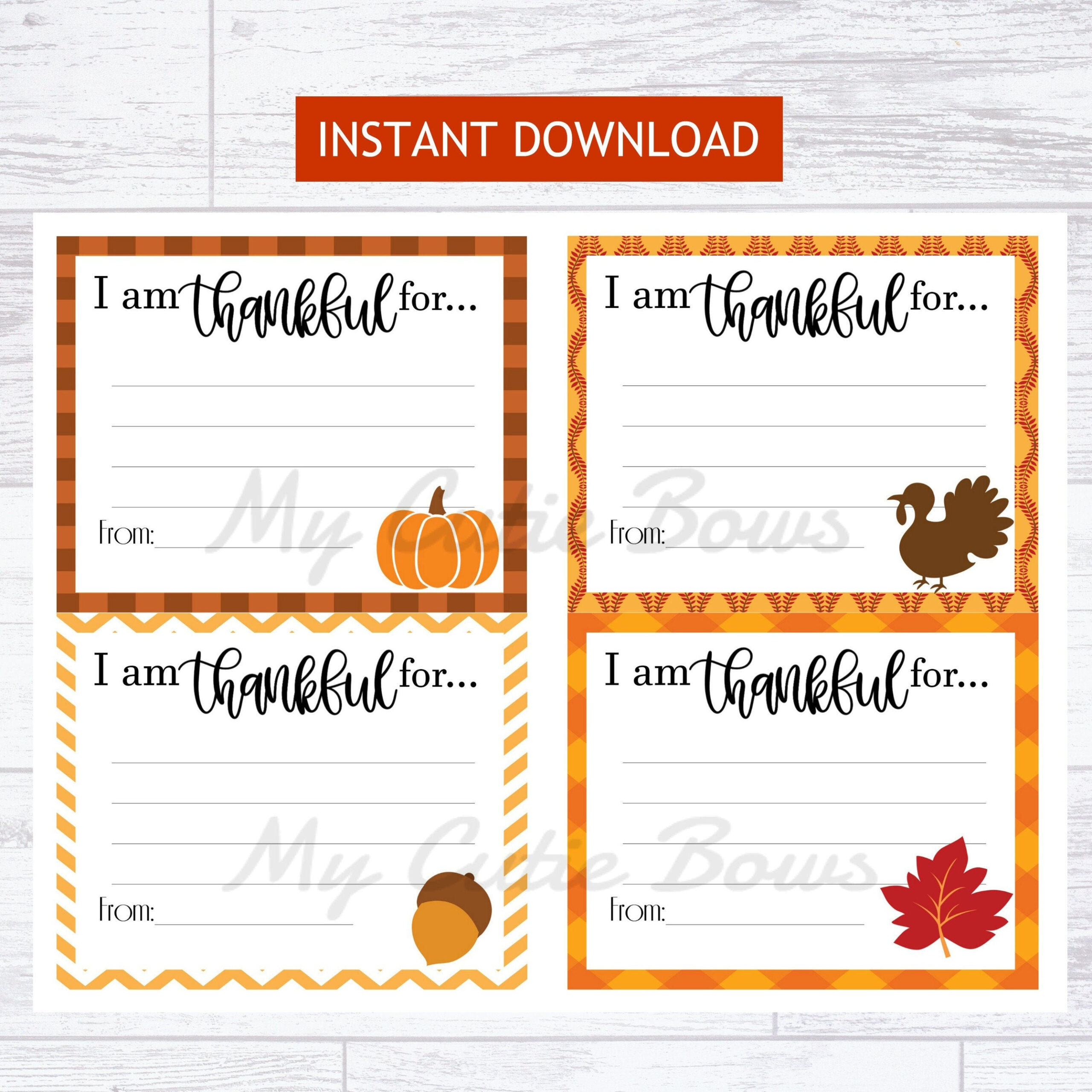 I Am Thankful Digital Download Thanksgiving Cards Printable Give for Thanksgiving Grateful Cards