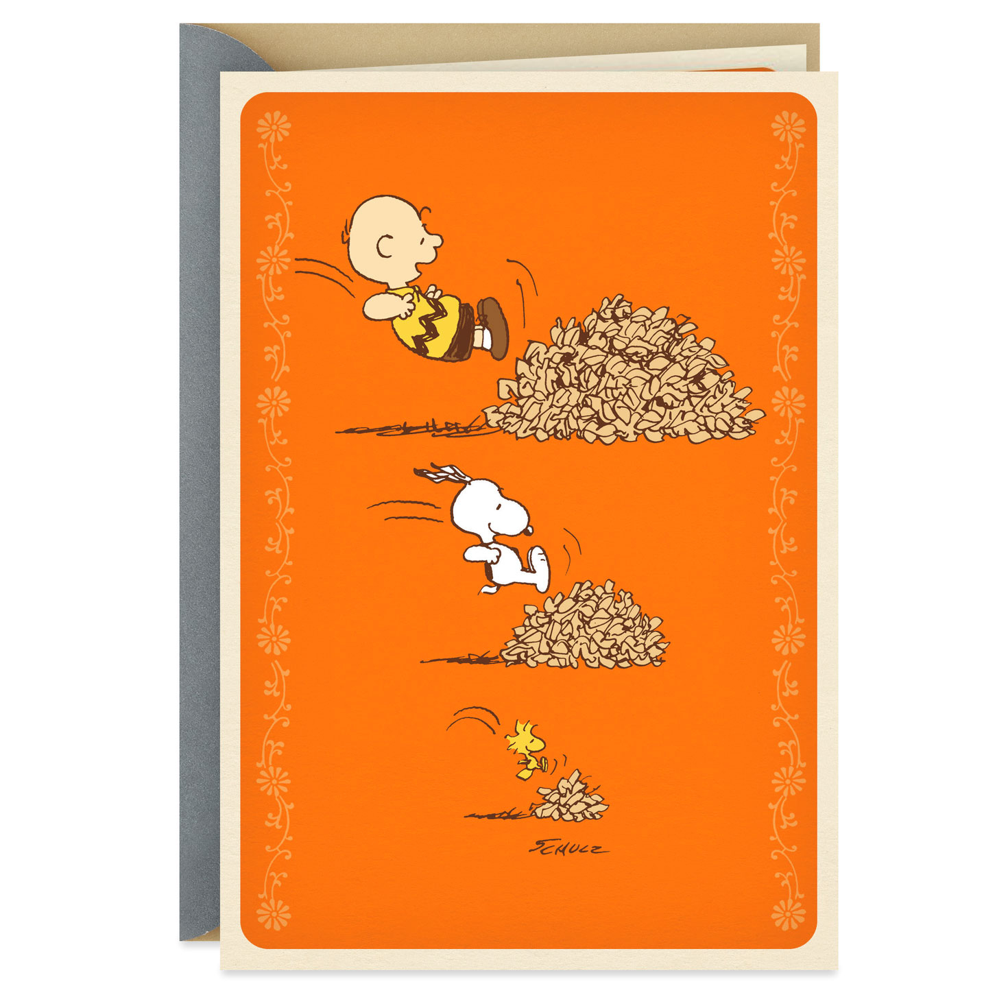 Peanuts® Charlie Brown Jumping In Leaves Thanksgiving Card in Charlie Brown Thanksgiving Cards