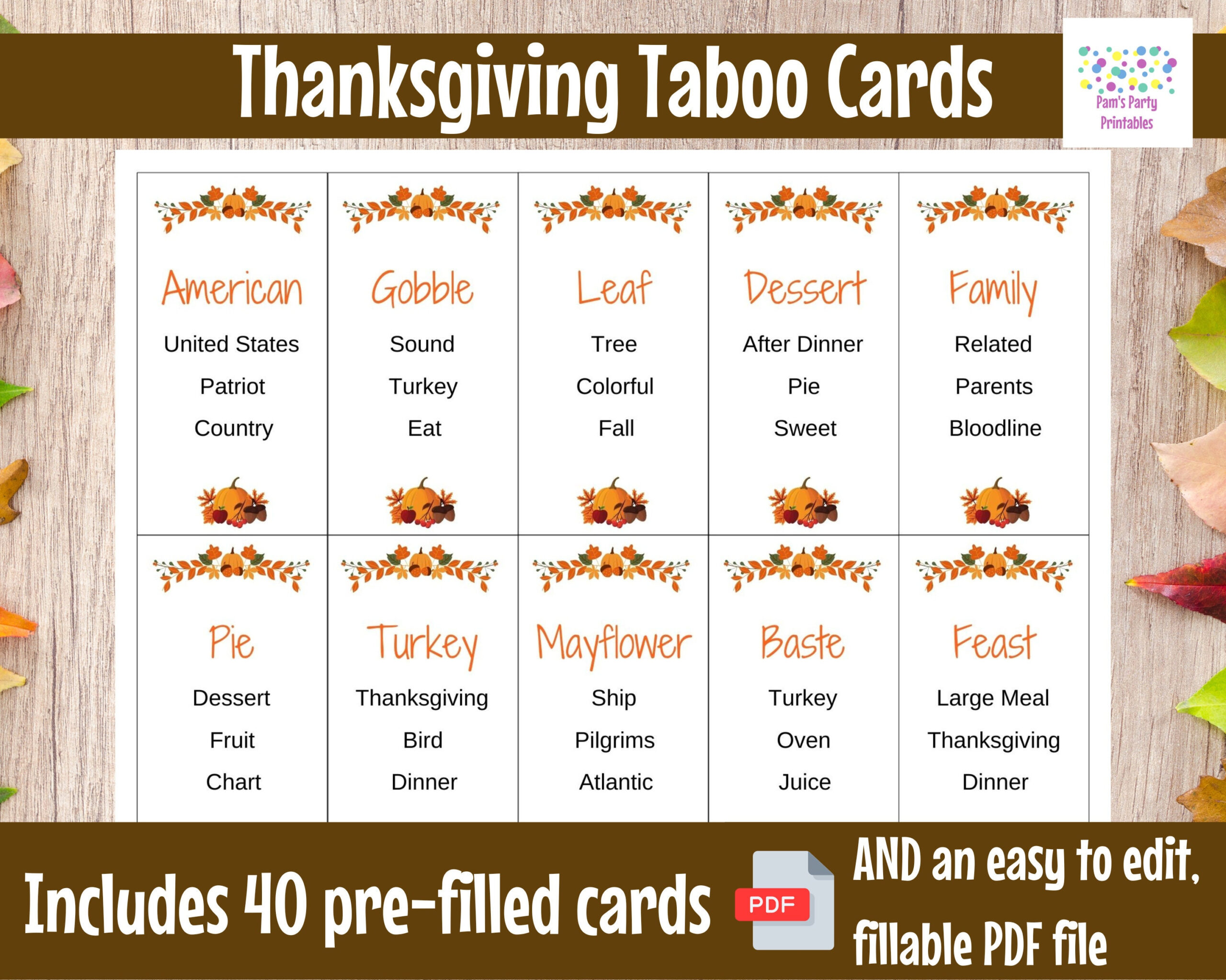 Printable/Editable Thanksgiving Taboo Game Cards, Thanksgiving for Free Printable Thanksgiving Taboo Cards