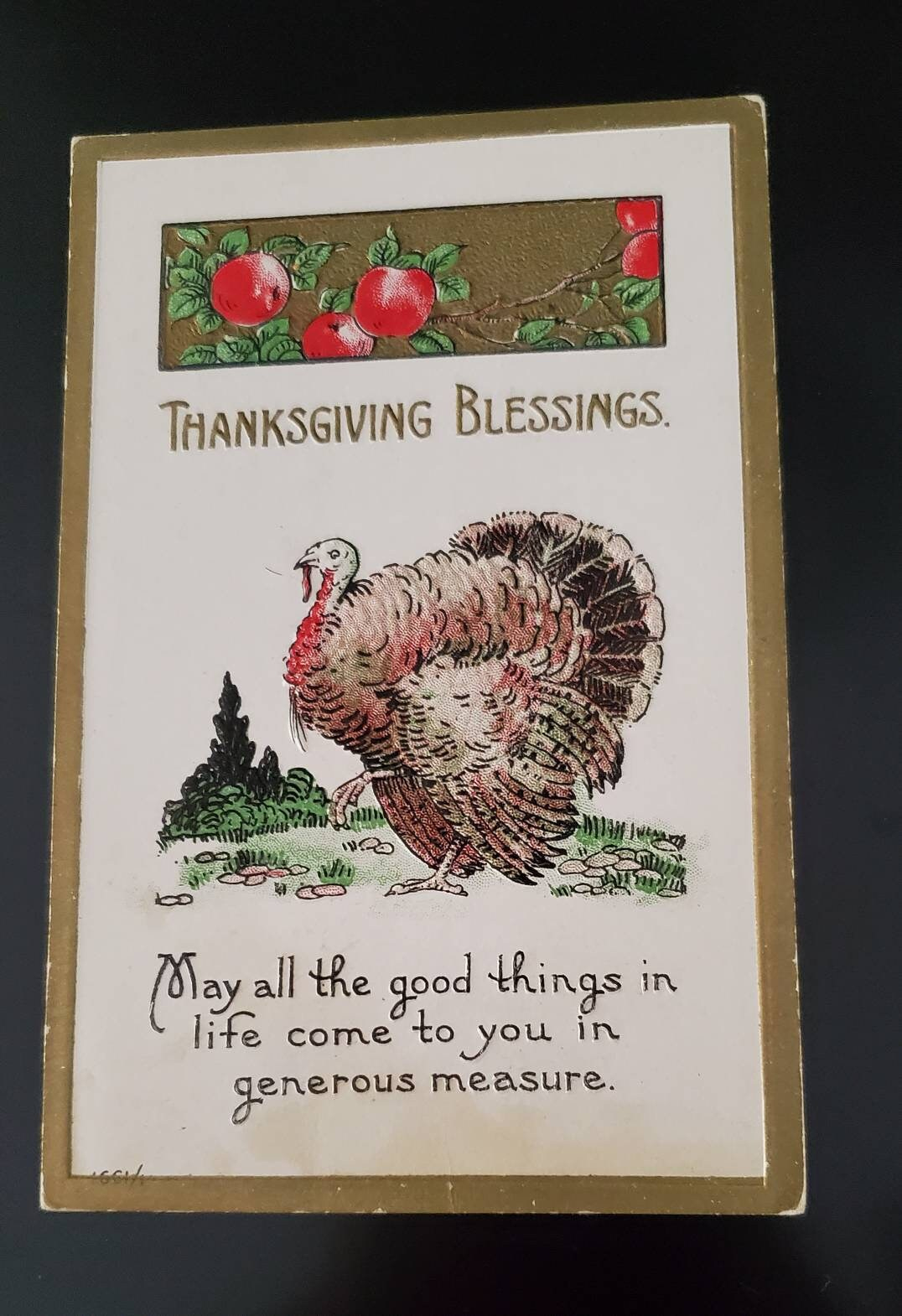 Thanksgiving Blessings Postcard With Turkey &amp;amp; Apples Antique regarding Antique Thanksgiving Cards