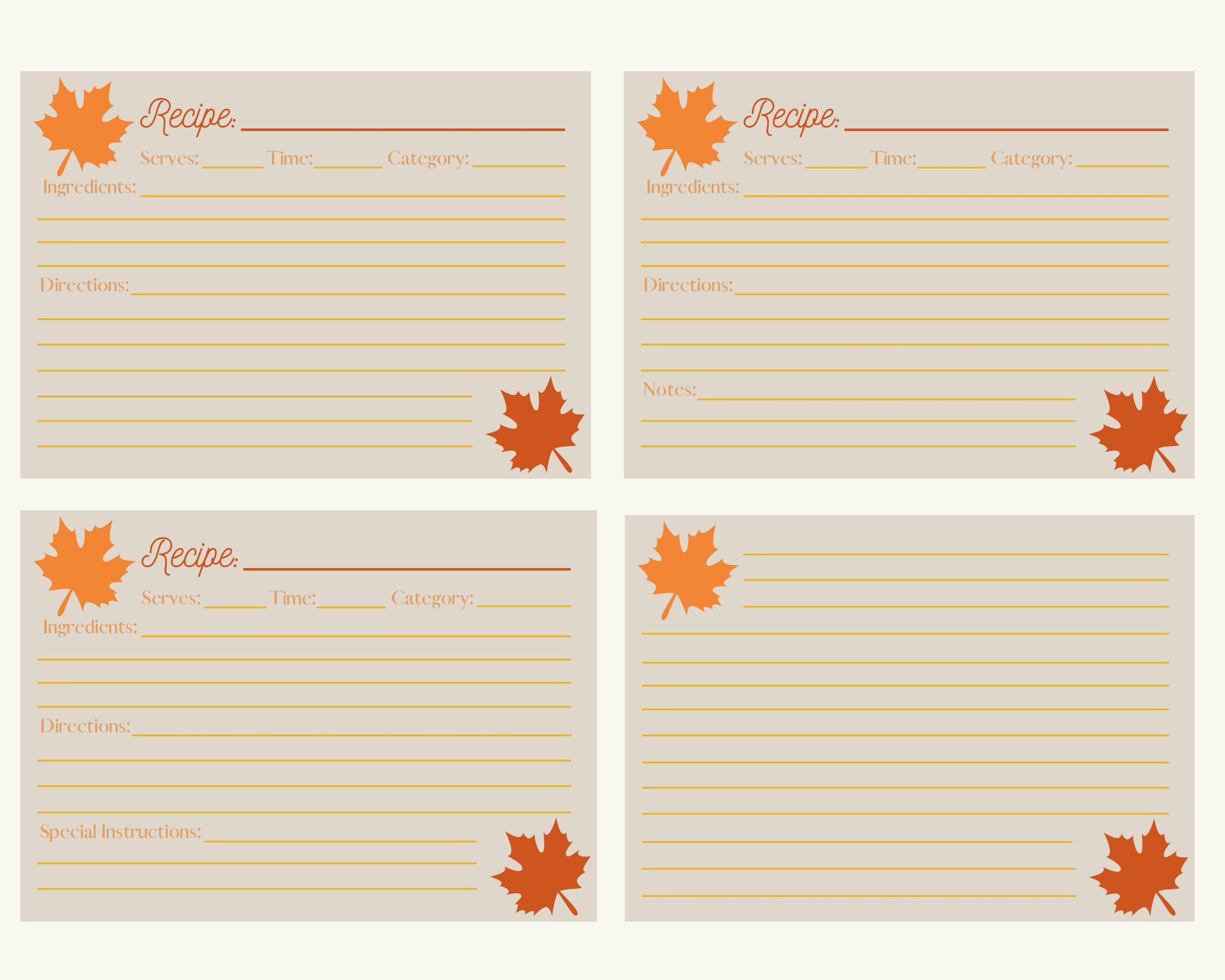 Thanksgiving Recipe Cards Printable Template - Etsy in Thanksgiving Recipe Cards