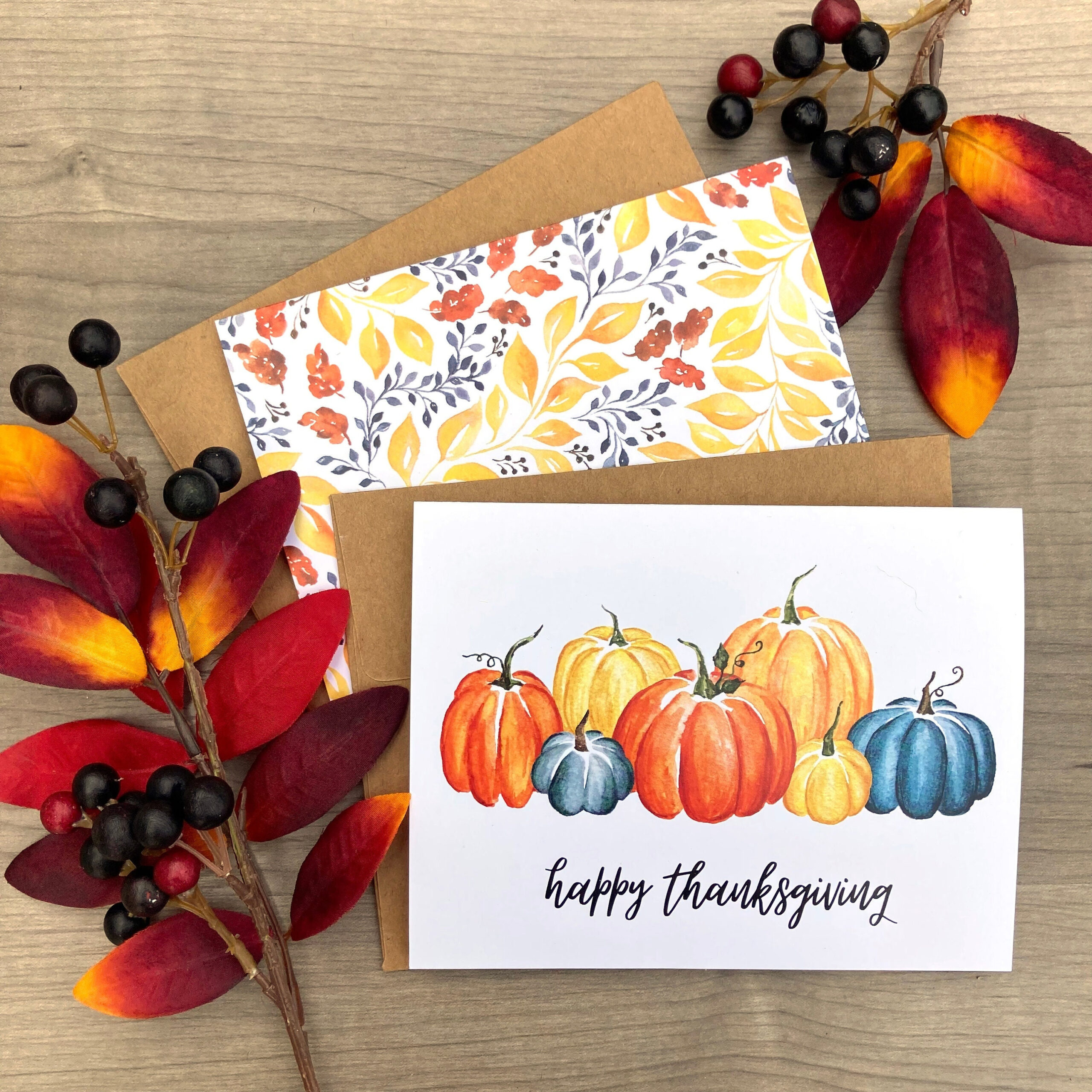 Thanksgiving Watercolor Cards, Autumn Leaves Card, Watercolor in Thanksgiving Cards Art