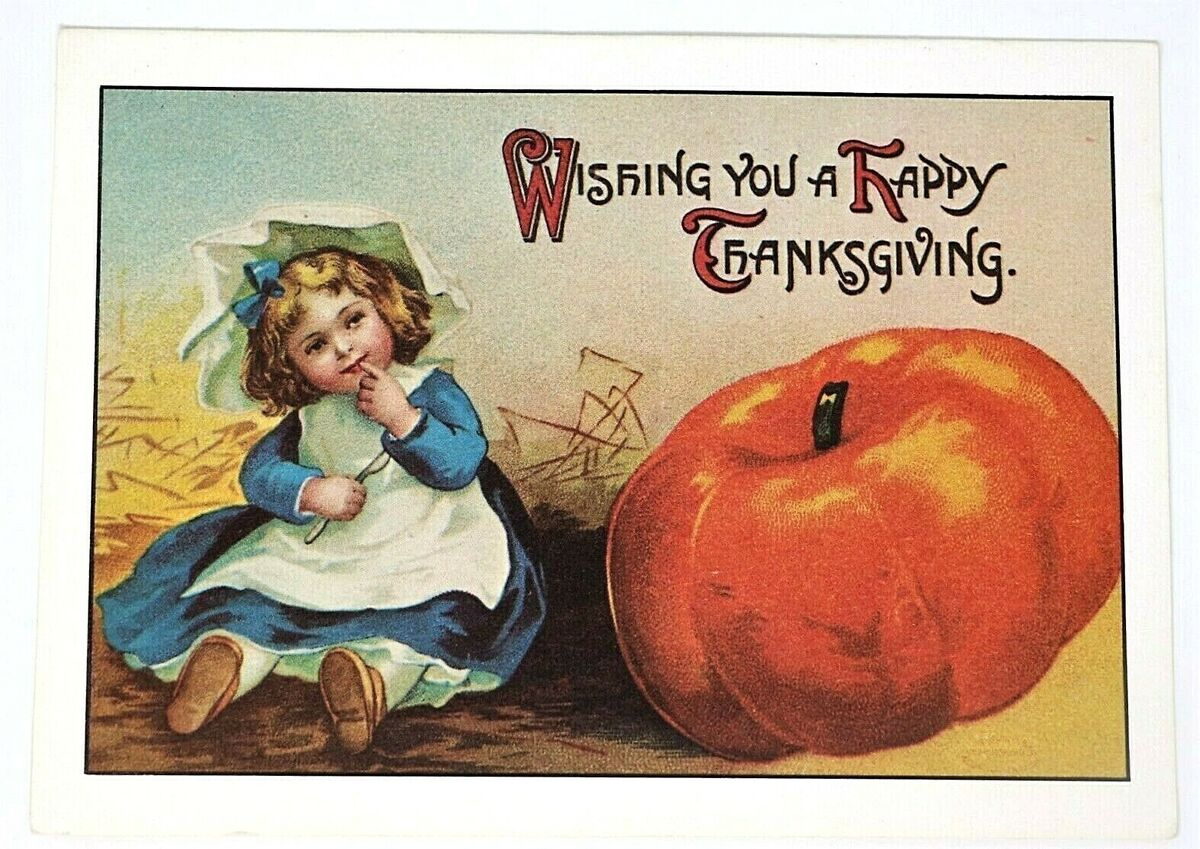 Vintage Happy Thanksgiving Card Mcm Cute Little Girl Blue Dress pertaining to Happy Thanksgiving Vintage Cards