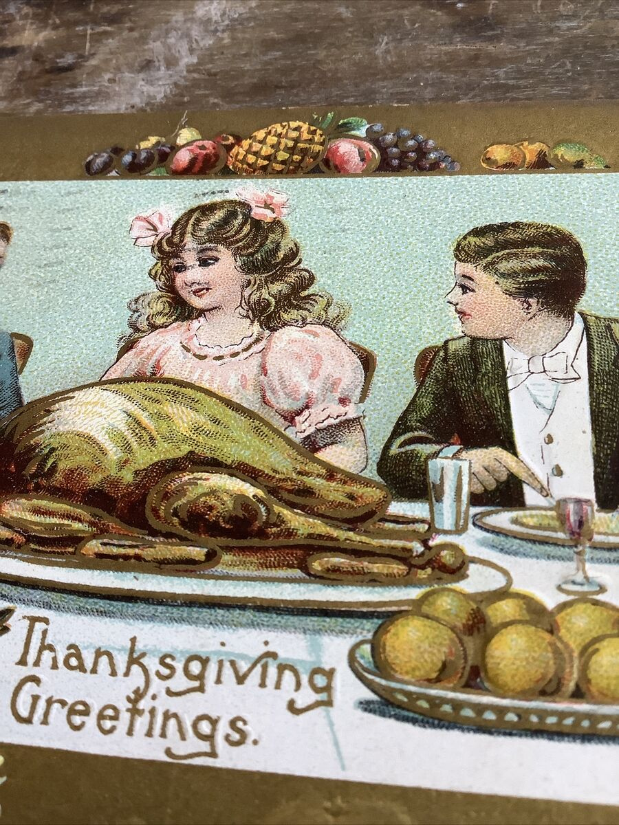 Vintage Thanksgiving Day Greeting Postcard Children Eating Turkey for Old Thanksgiving Cards