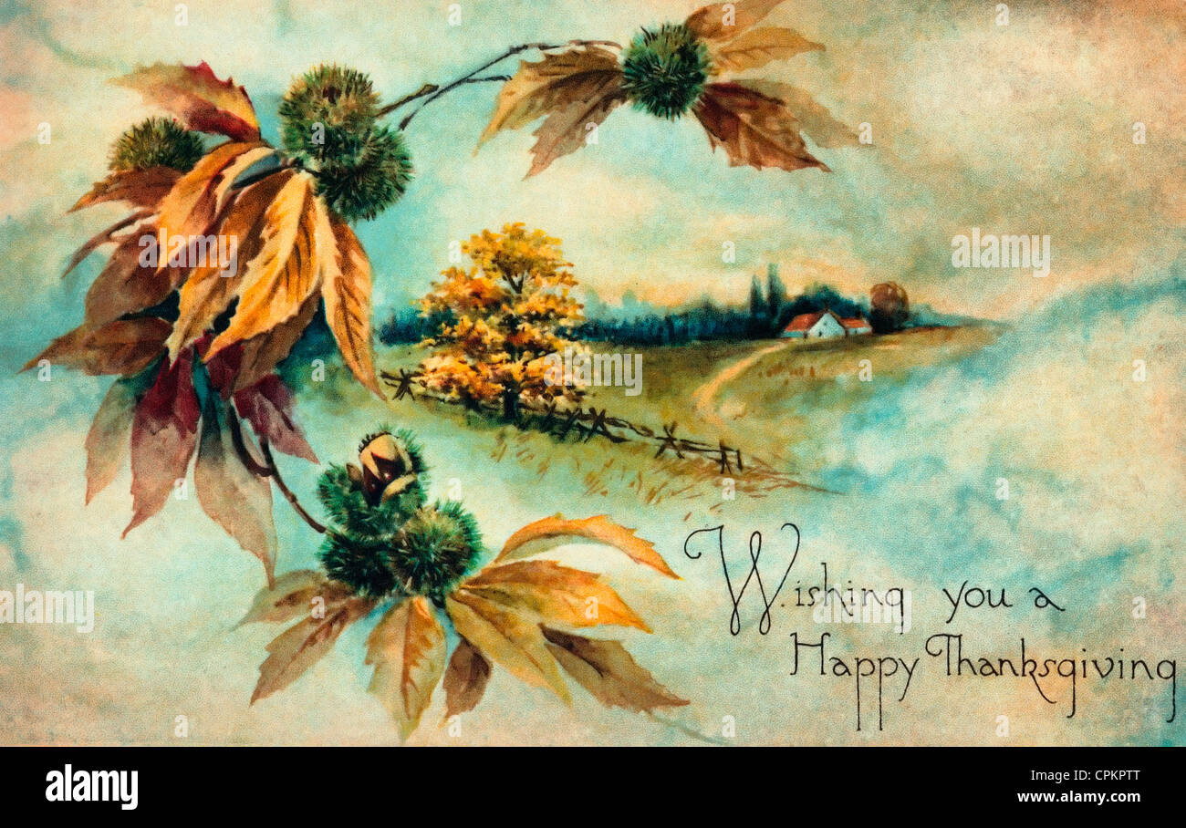 Wishing You A Happy Thanksgiving - Vintage Card With Country Scene in Happy Thanksgiving Vintage Cards