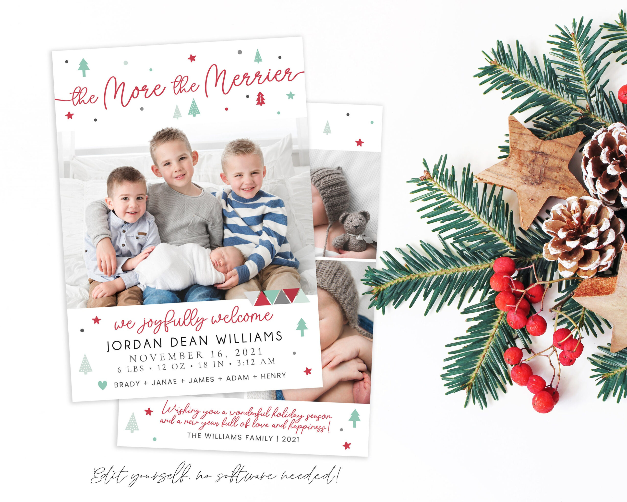 Christmas Birth Announcement The More The Merrier Christmas Card throughout The More the Merrier Christmas Cards