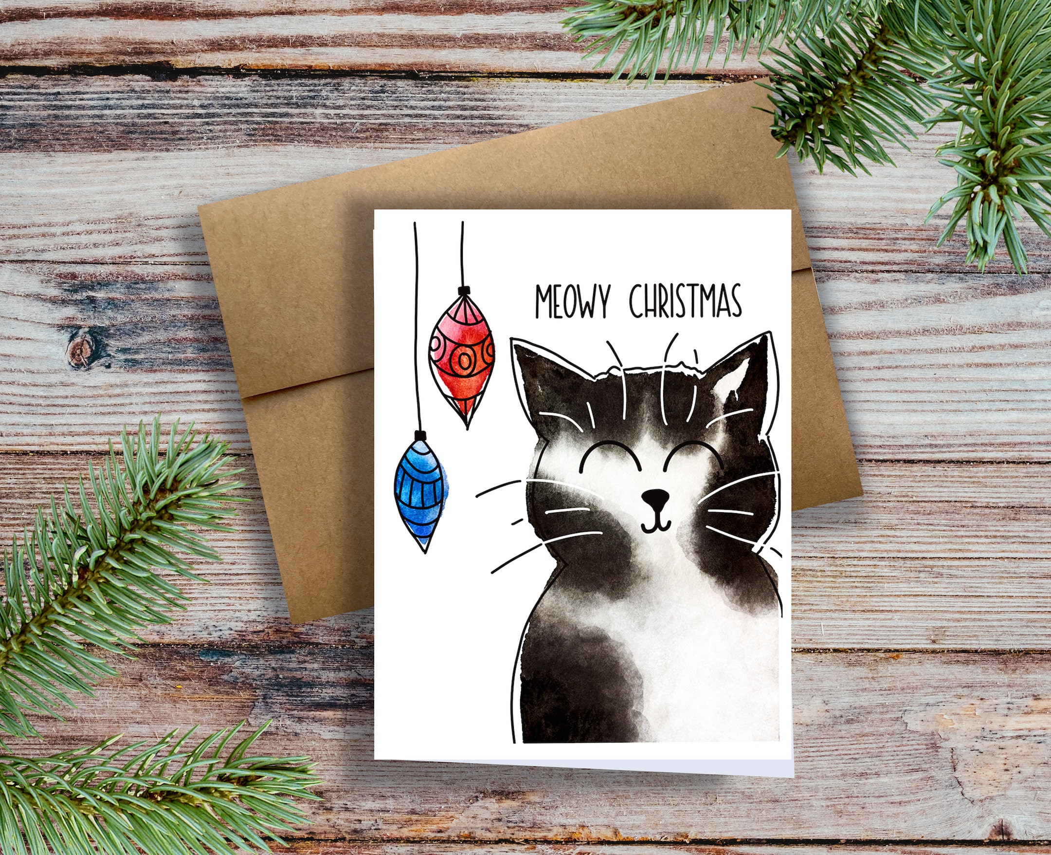 Cute Cat Christmas Card | Black And White Cat Card | Funny Cat Christmas Card | Hand Painted Christmas Cards | Painted Cat Card | Handmade pertaining to Christmas Cards with Cats