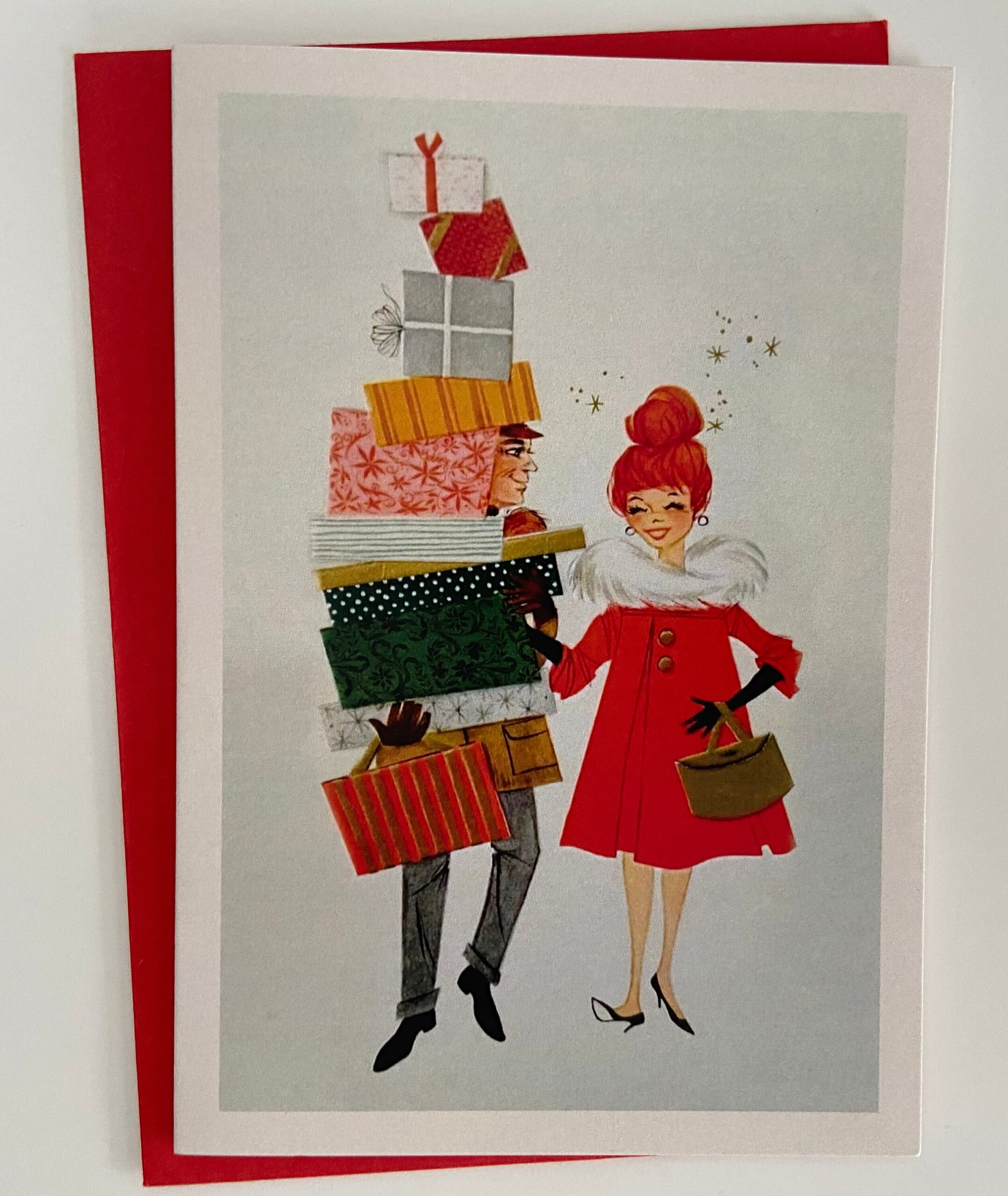 Vintage Christmas Card Couple Smiling Red Head Woman, Holiday for Purchase Vintage Style Christmas Cards