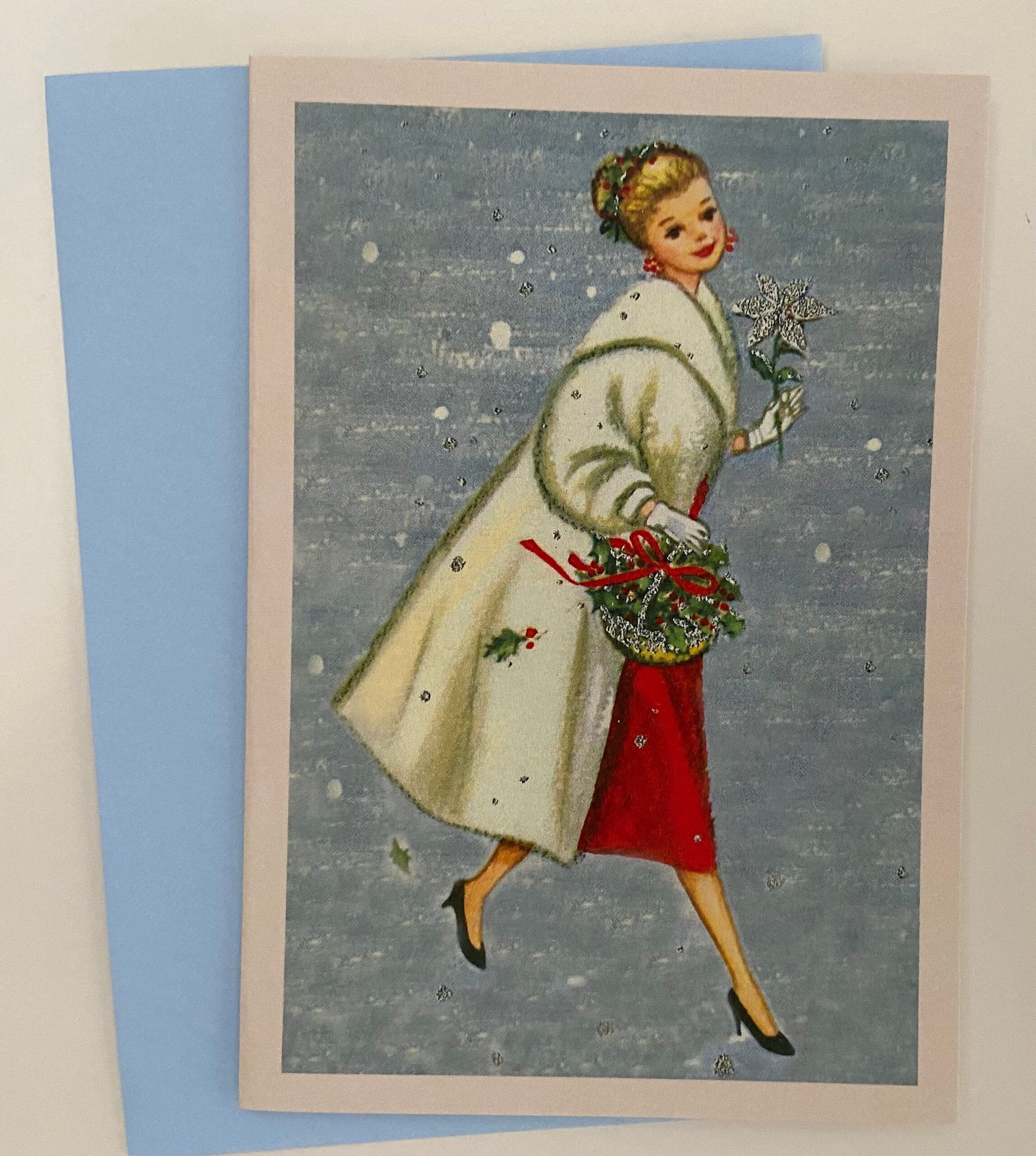 Vintage Christmas Card Smiling Woman In White Coat, Holiday, Retro intended for Purchase Vintage Style Christmas Cards