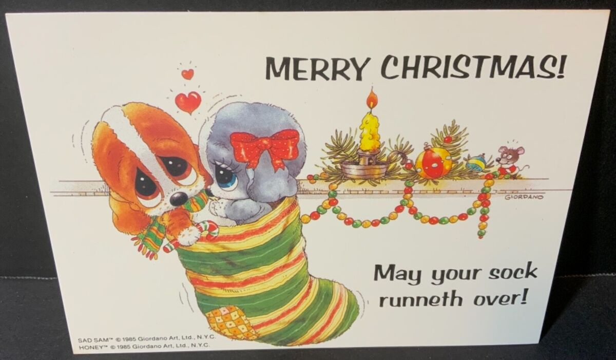 Vtg Giordano Christmas Postcard Sad Sam &amp;amp; Honey In Stocking Dogs in Christmas Cards Sam&amp;amp;#039;s