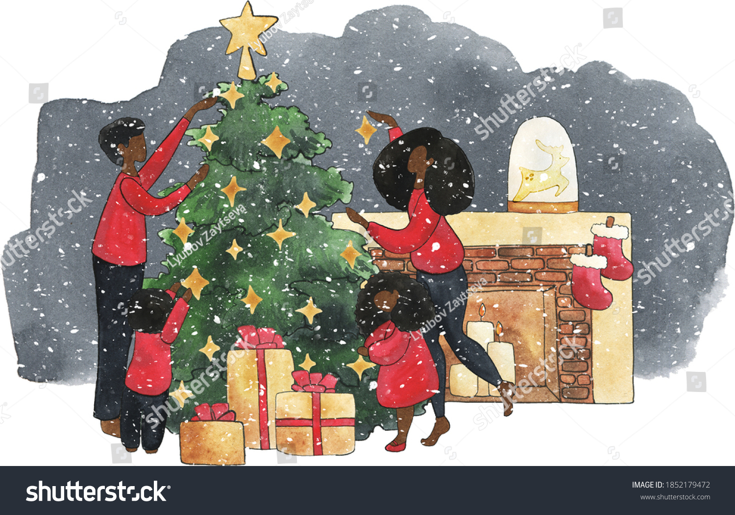 Watercolor Christmas Black Family Illustrations Clipart Stock with Black People Christmas Cards