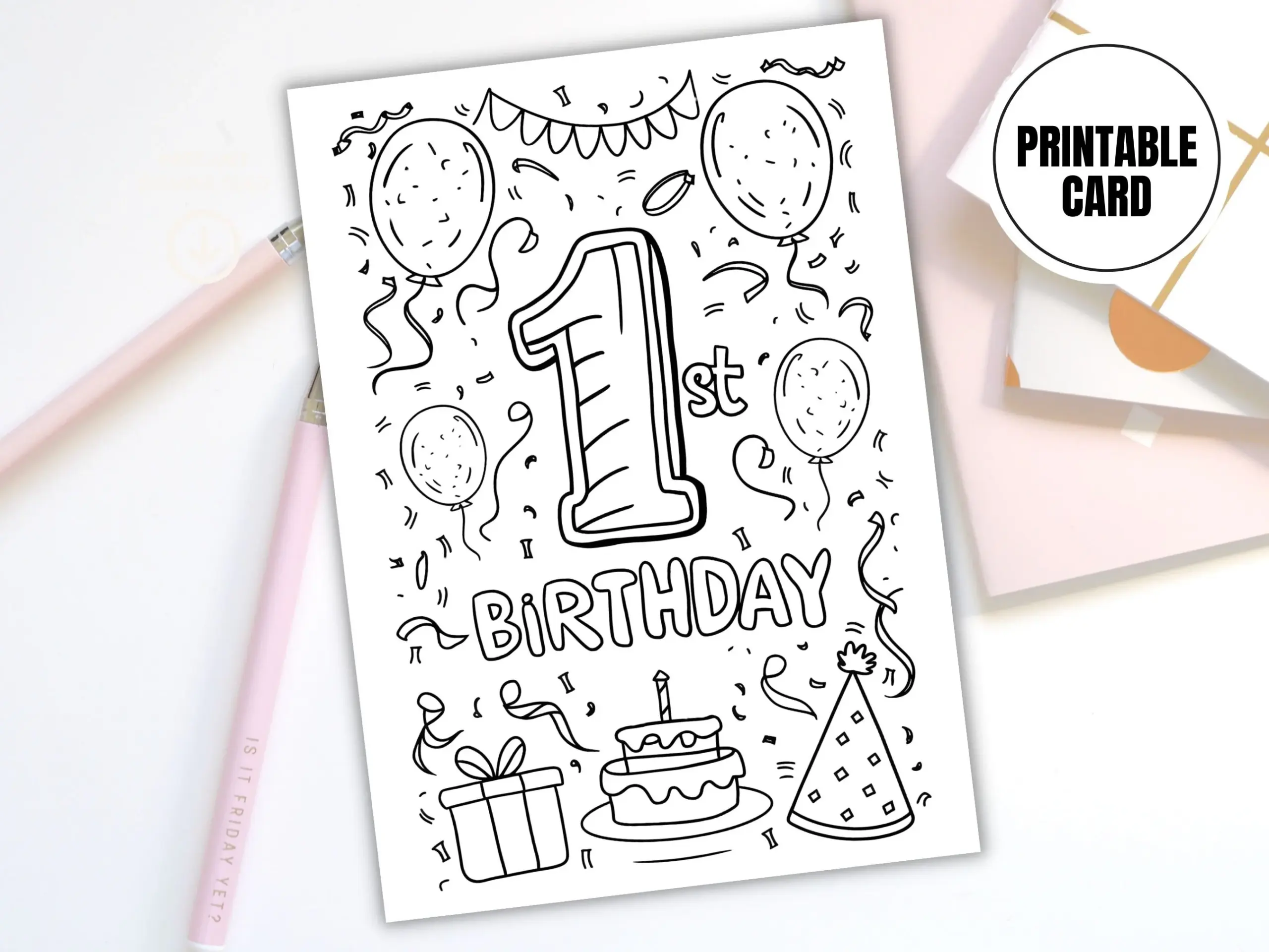 1st Birthday Printable Coloring Card