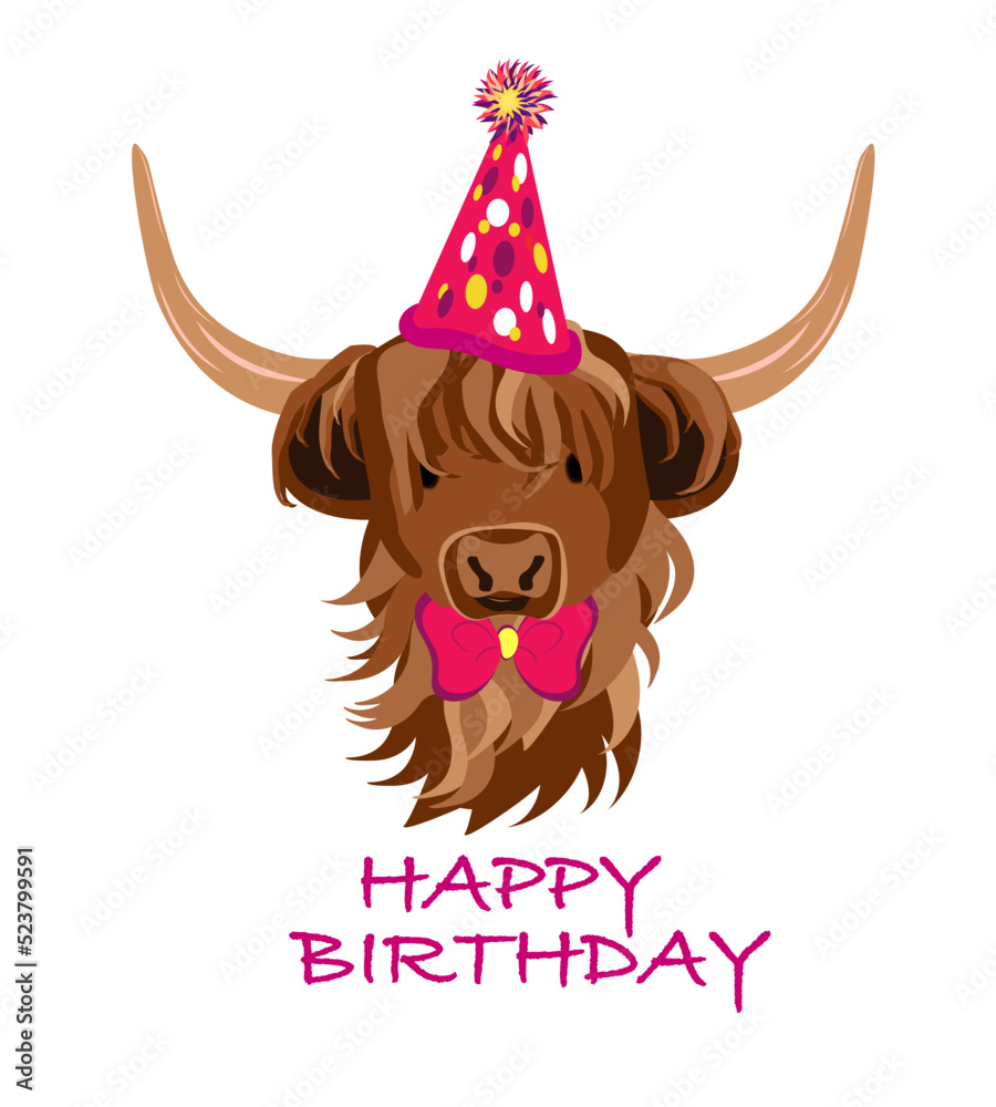 Cute Cownscottish Highland Cattlenwith A Party Hat And A Bow Tie Happy Birthday Card Funny Hand Drawn Style Print Vector Illustration Cute Cownscottish Highland Cattlenwith A Party Hat And A Bow Tie Happy Birthday Card Funny Hand Drawn Style Print Vector Illustration