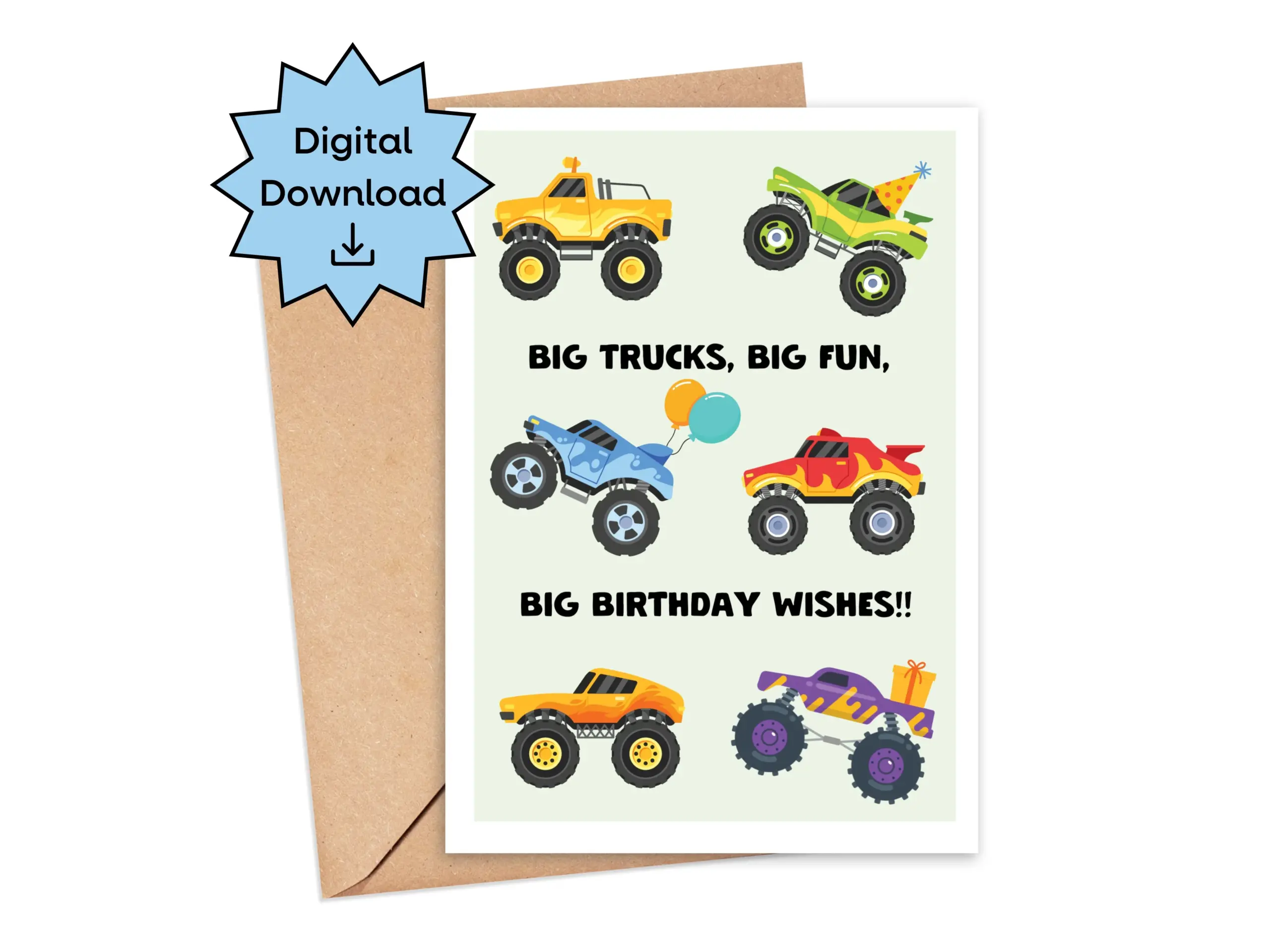 Digital Big Truck Monster Truck Birthday Card Digital Big Truck Monster Truck Birthday Card