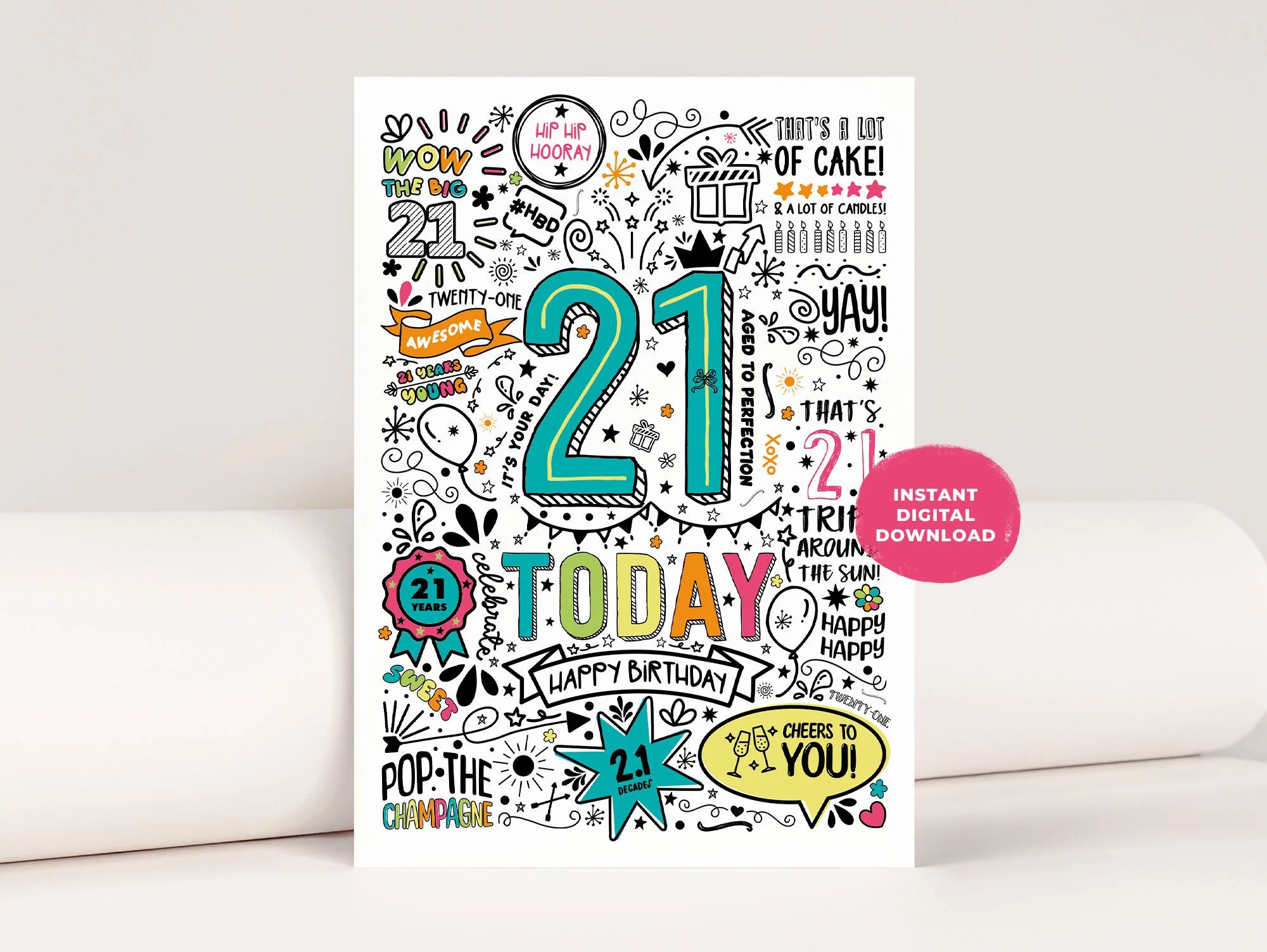 Doodle Style 21st Birthday Card Digital Doodle Style 21st Birthday Card Digital