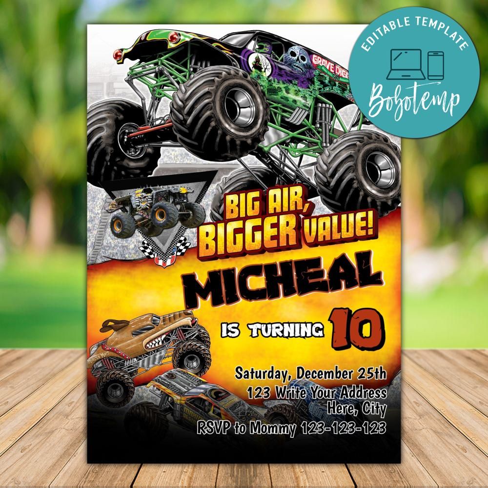 Editable Monster Jam Monster Truck Birthday Invitation Digital File Editable Monster Jam Monster Truck Birthday Invitation Digital File