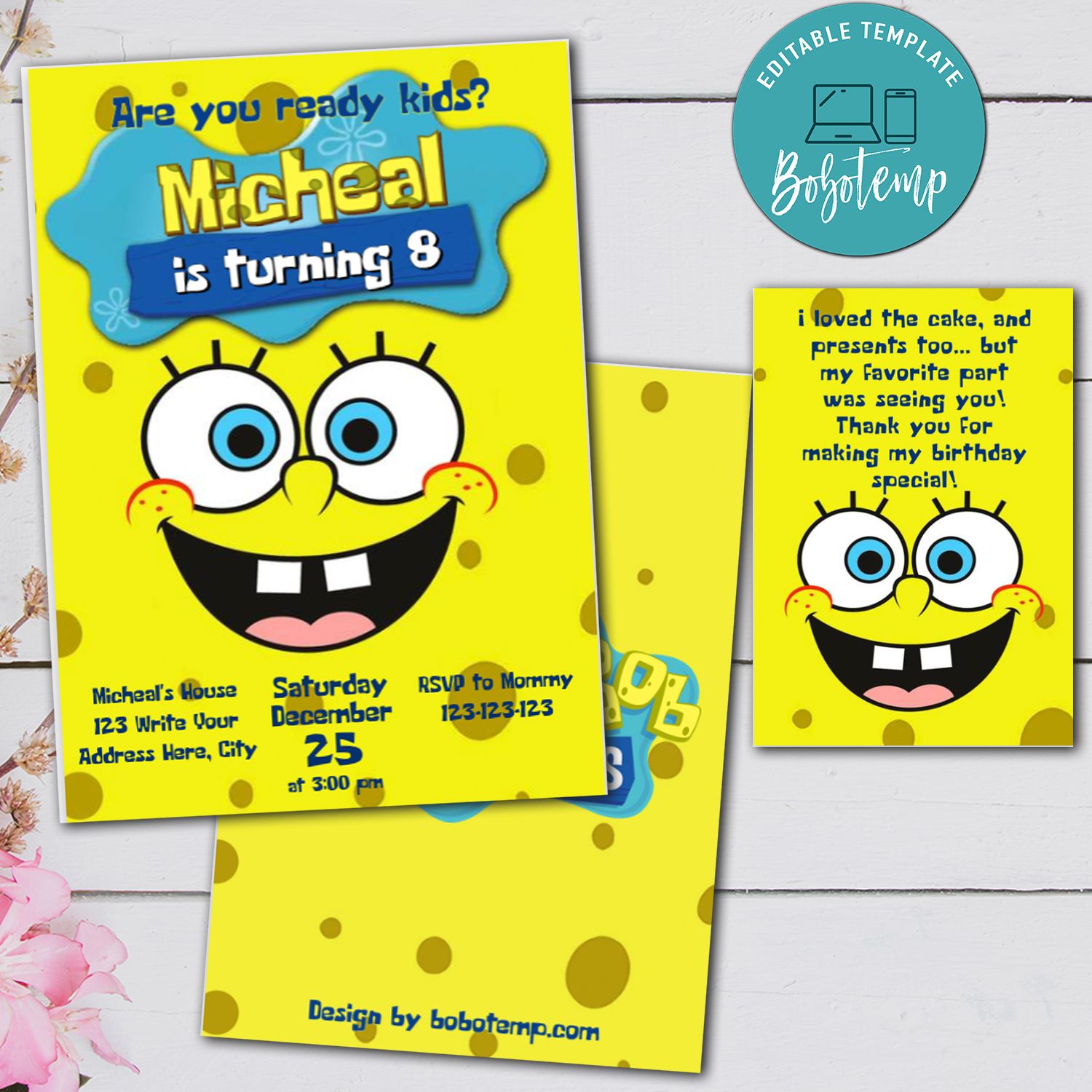 Editable Spongebob Birthday Invitation And Thank You Card Digital File Editable Spongebob Birthday Invitation And Thank You Card Digital File