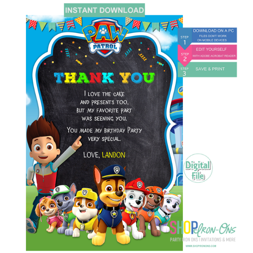 Paw Patrol Birthday Invitation Personalized Instant Download Digital Editable Pdf Free Thank You Card